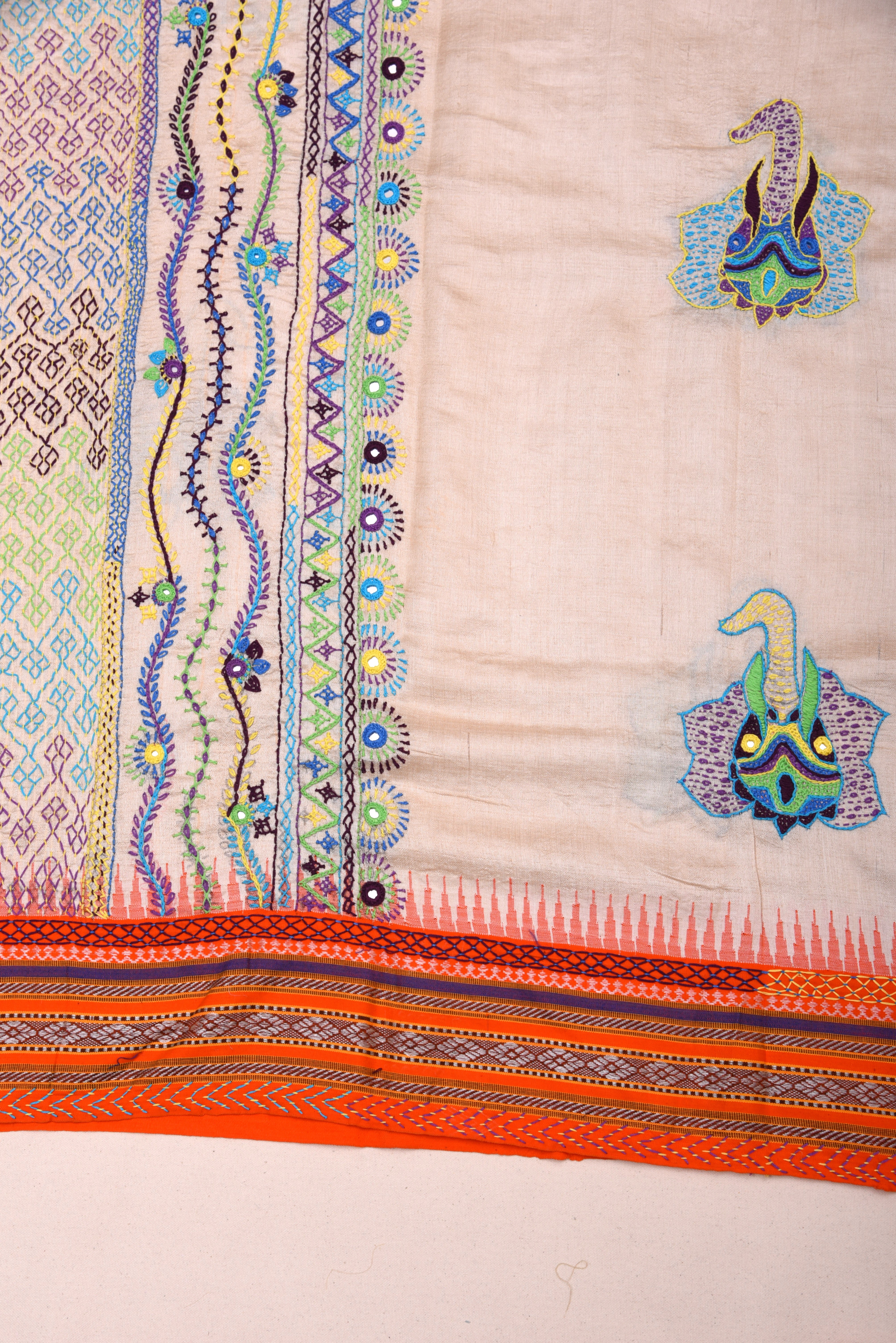 Lambani Hand Embroidered Vidharba Tussar Saree with elephant theme