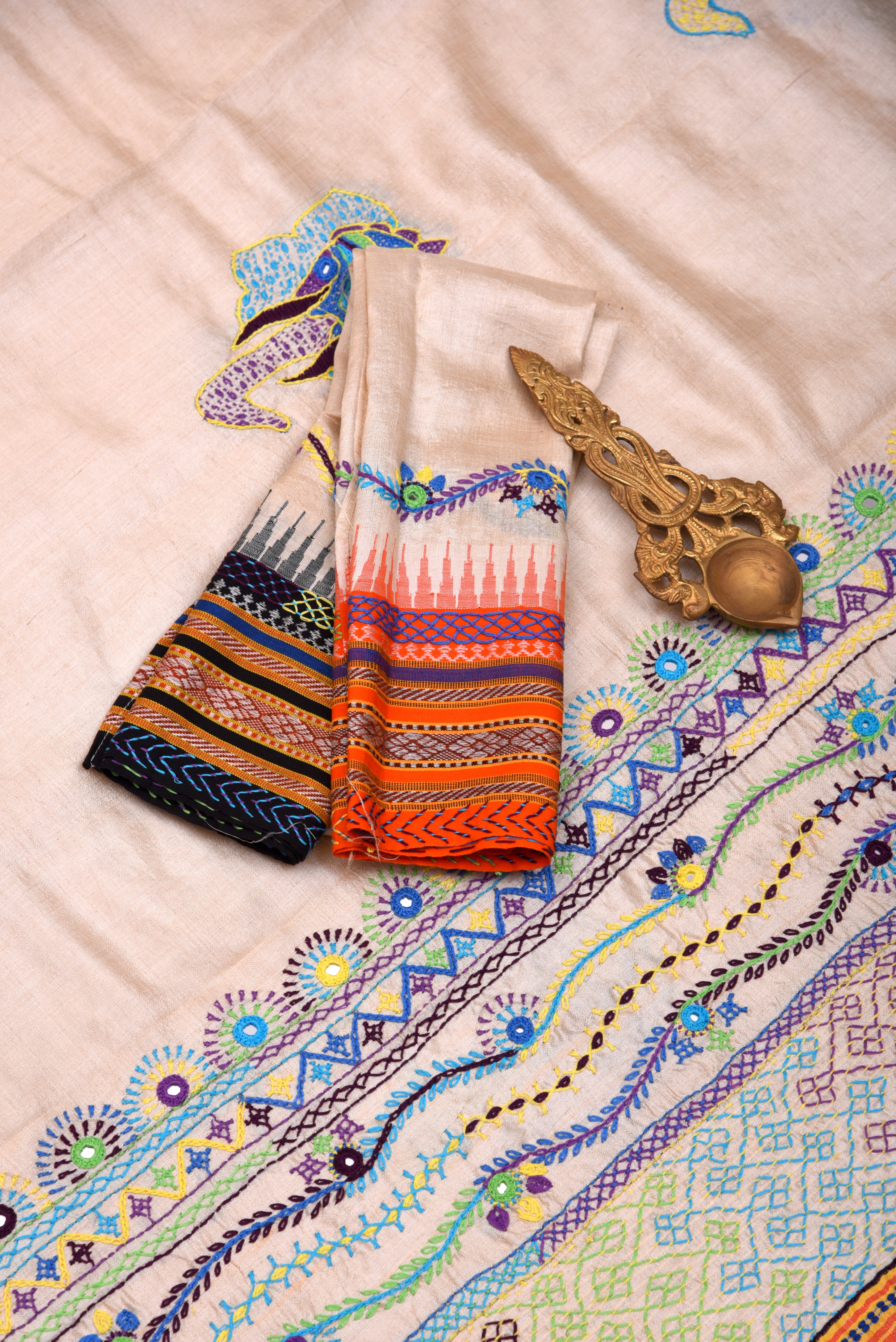 Lambani Hand Embroidered Vidharba Tussar Saree with elephant theme