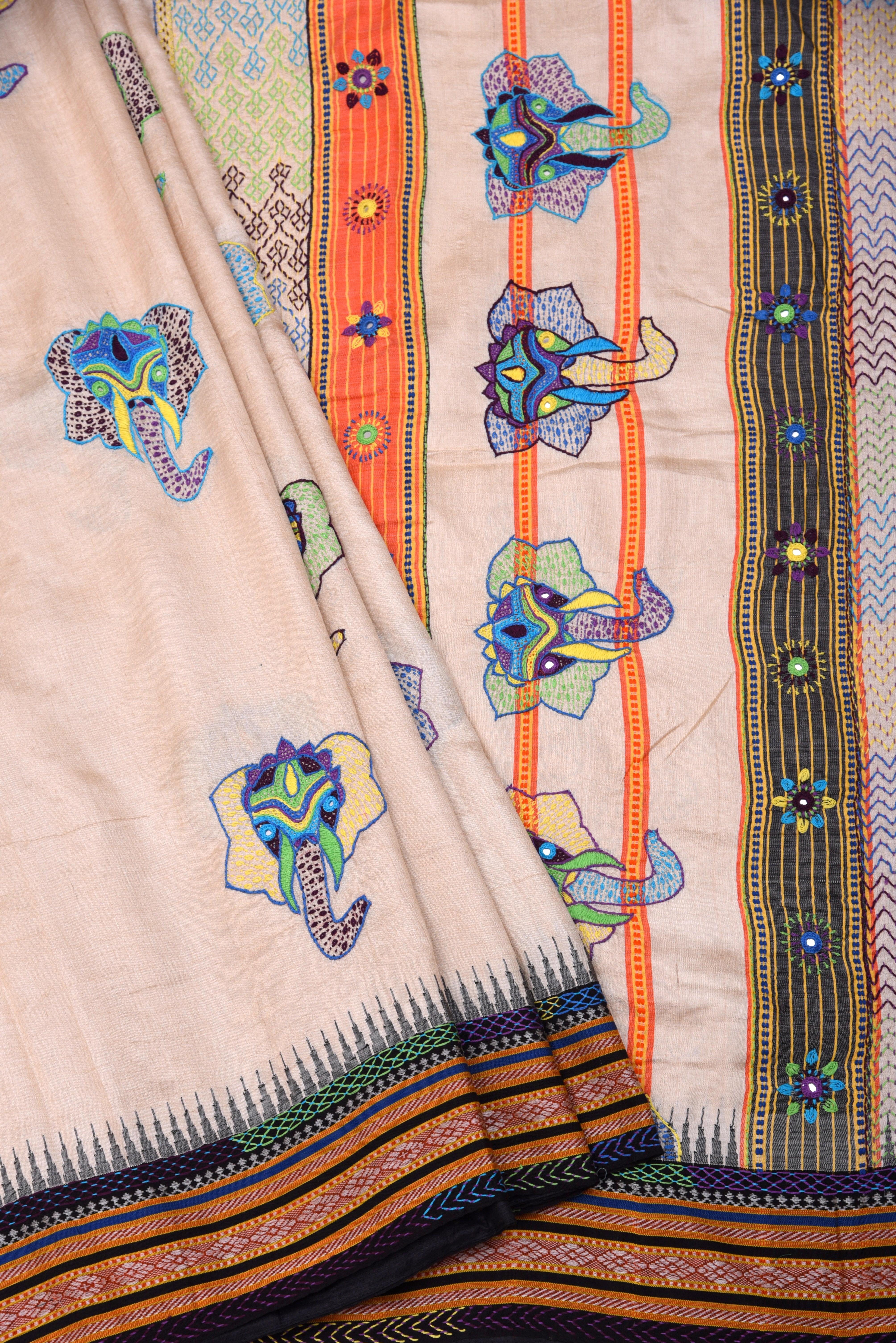 Lambani Hand Embroidered Vidharba Tussar Saree with elephant theme