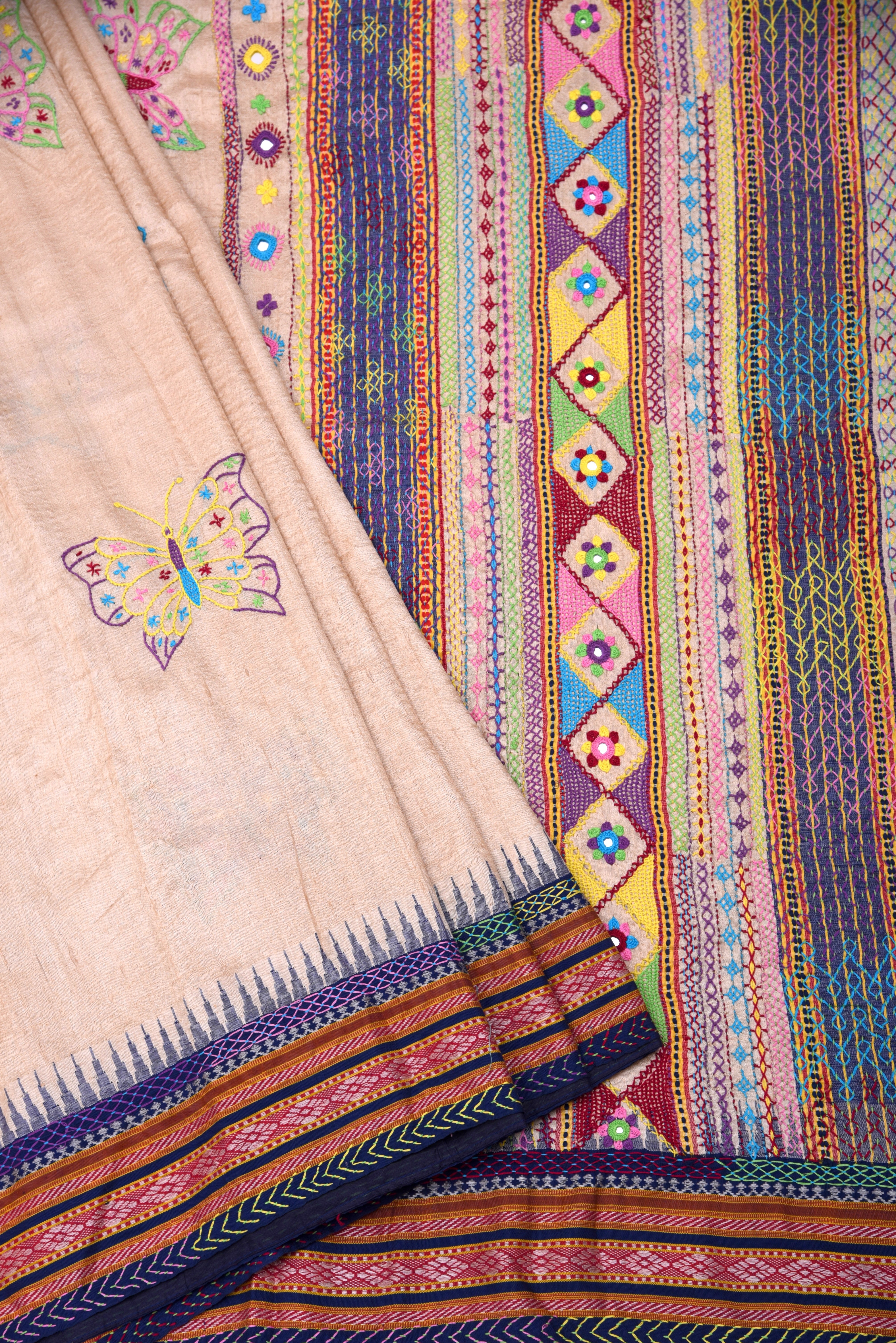 Lambani Hand Embroidered Vidharba Tussar Saree with butterfly theme
