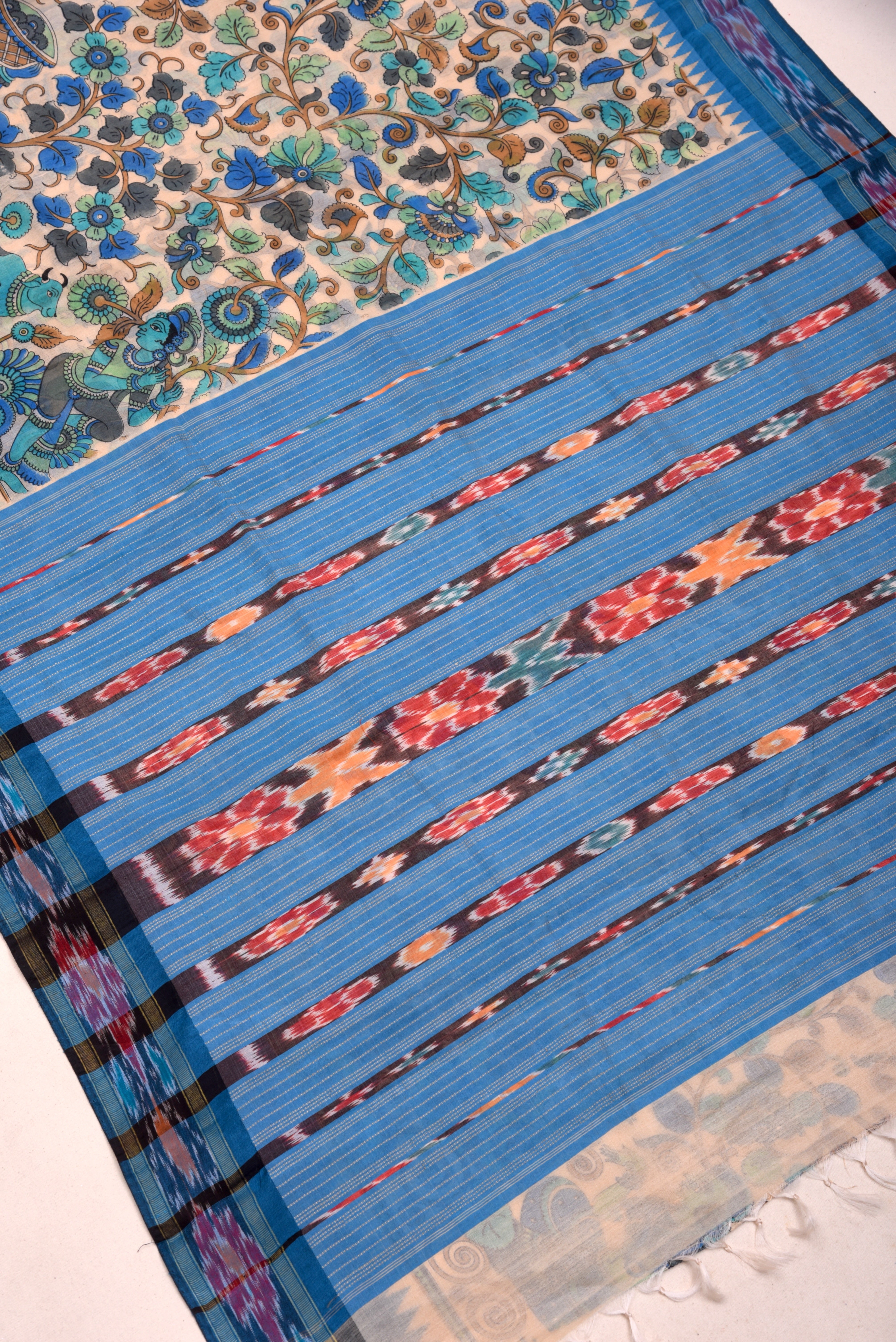 Raw Silk handloom printed saree with ikkat border