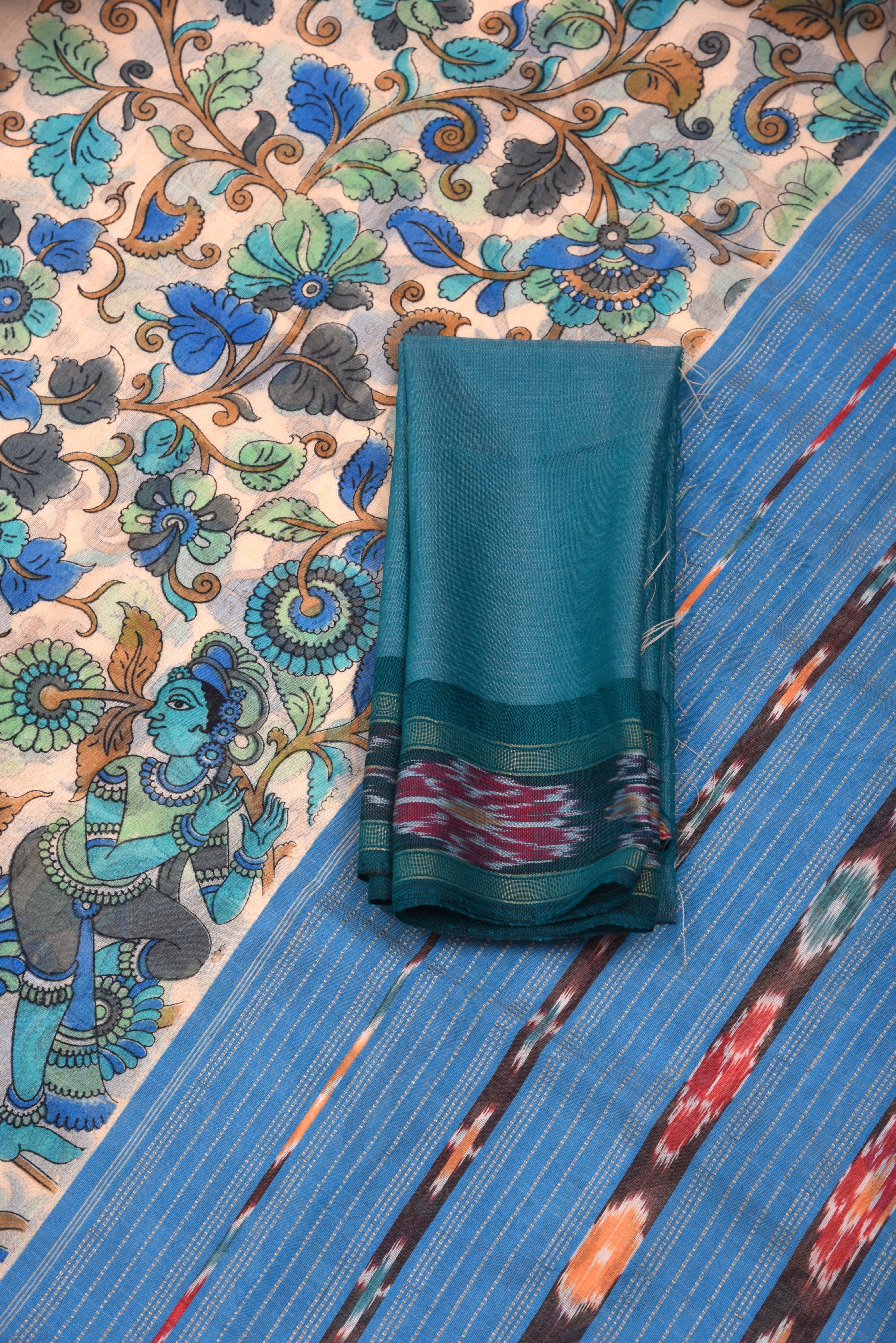 Raw Silk handloom printed saree with ikkat border