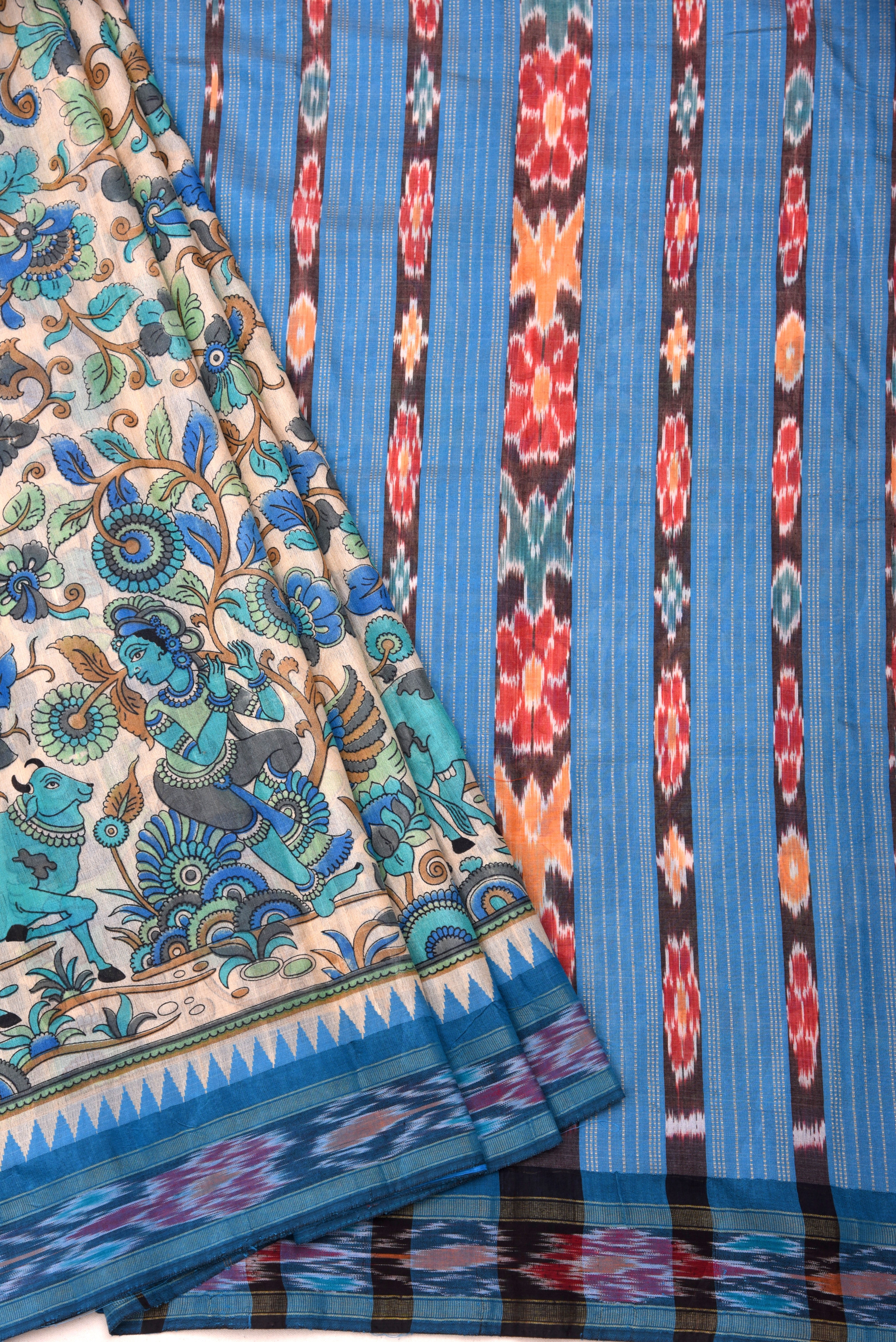 Raw Silk handloom printed saree with ikkat border