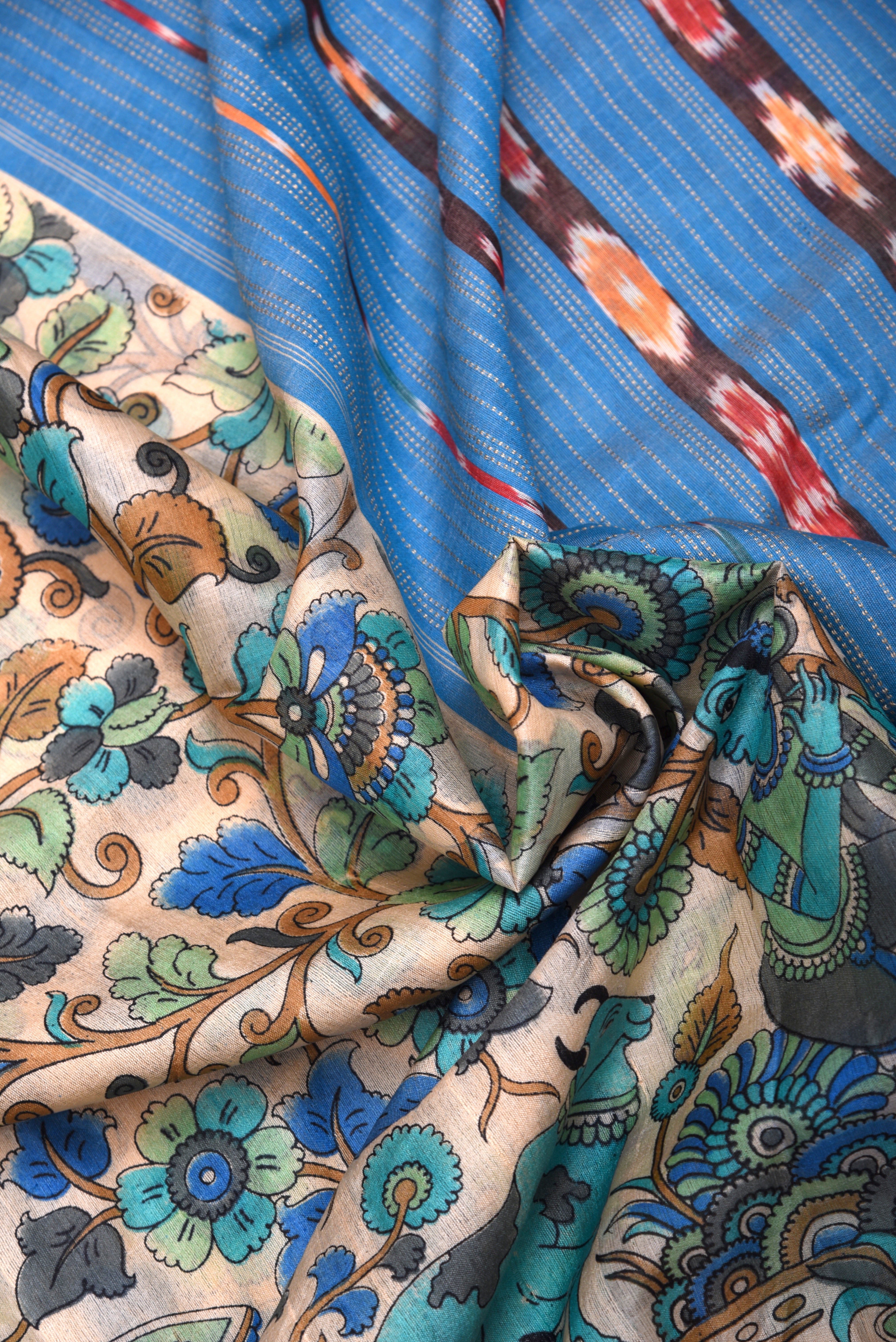 Raw Silk handloom printed saree with ikkat border