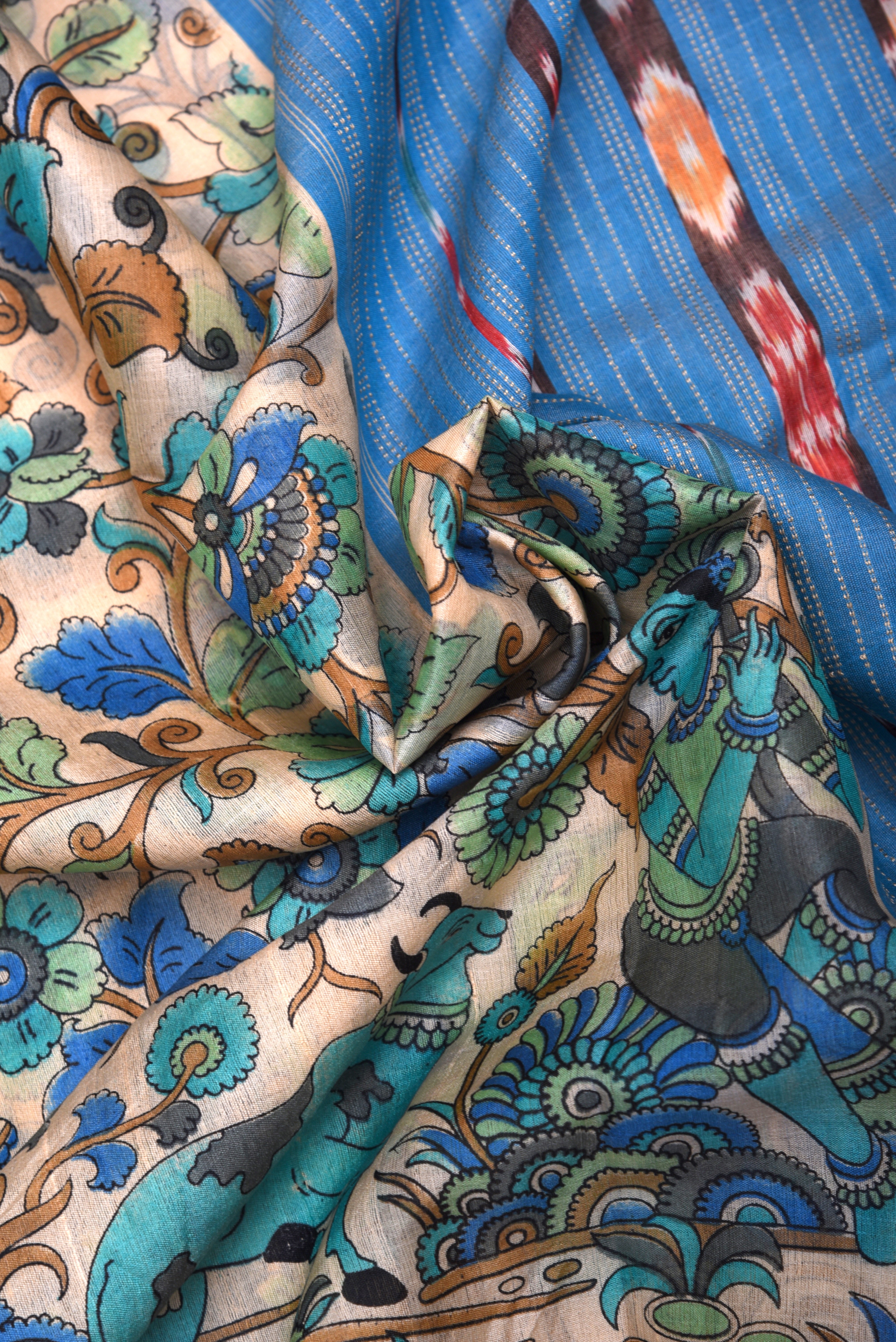 Raw Silk handloom printed saree with ikkat border