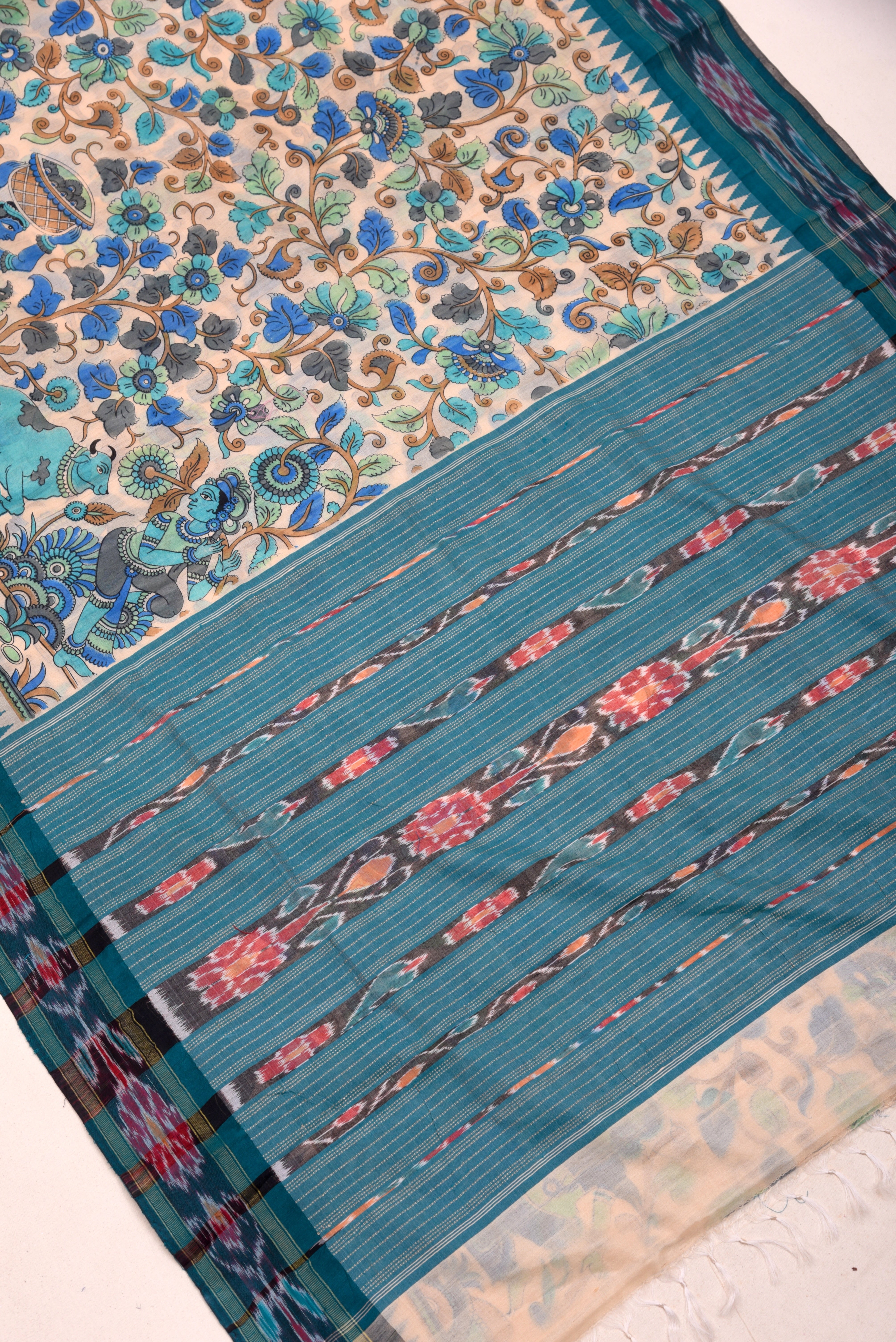 Raw Silk handloom printed saree with ikkat border