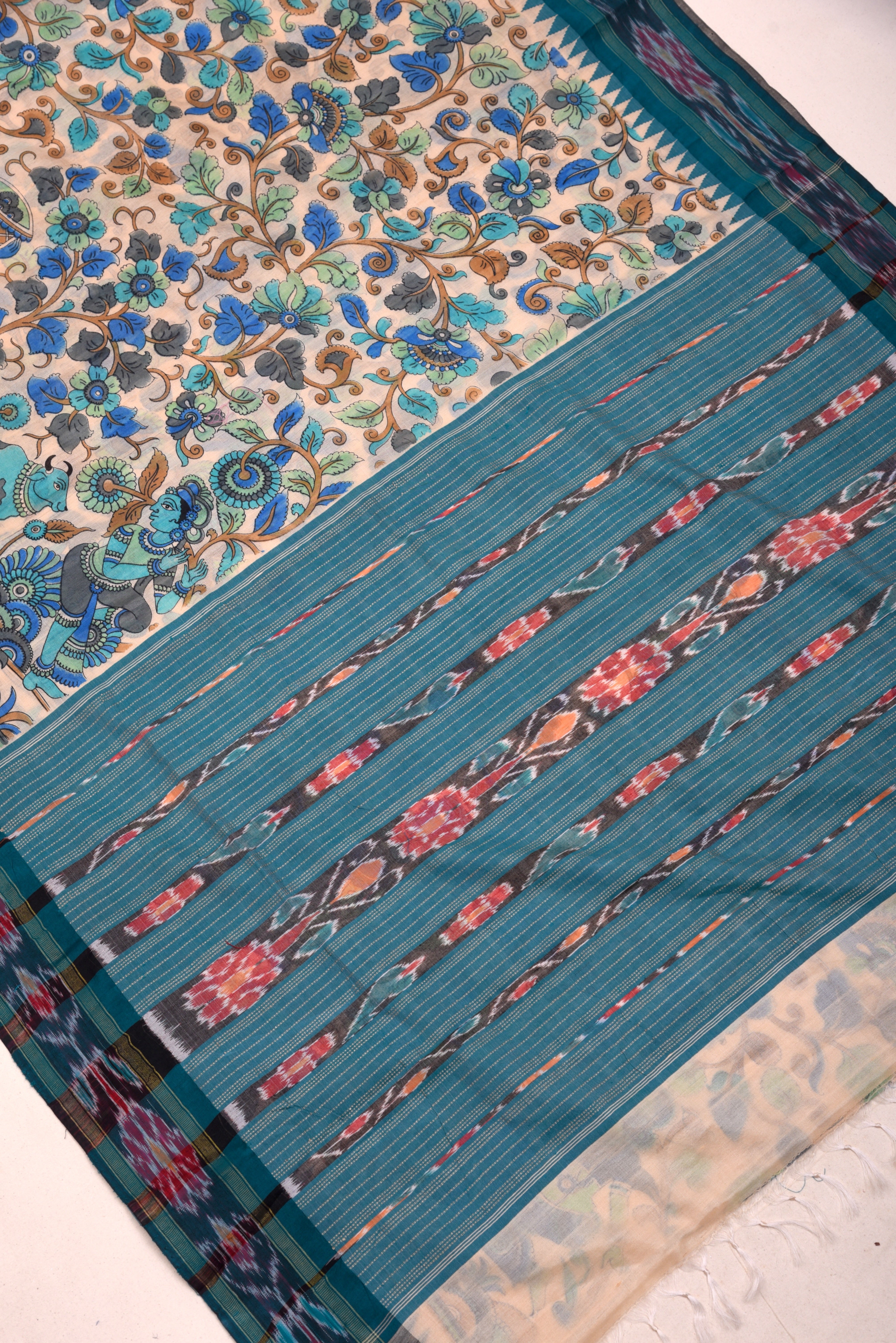 Raw Silk handloom printed saree with ikkat border
