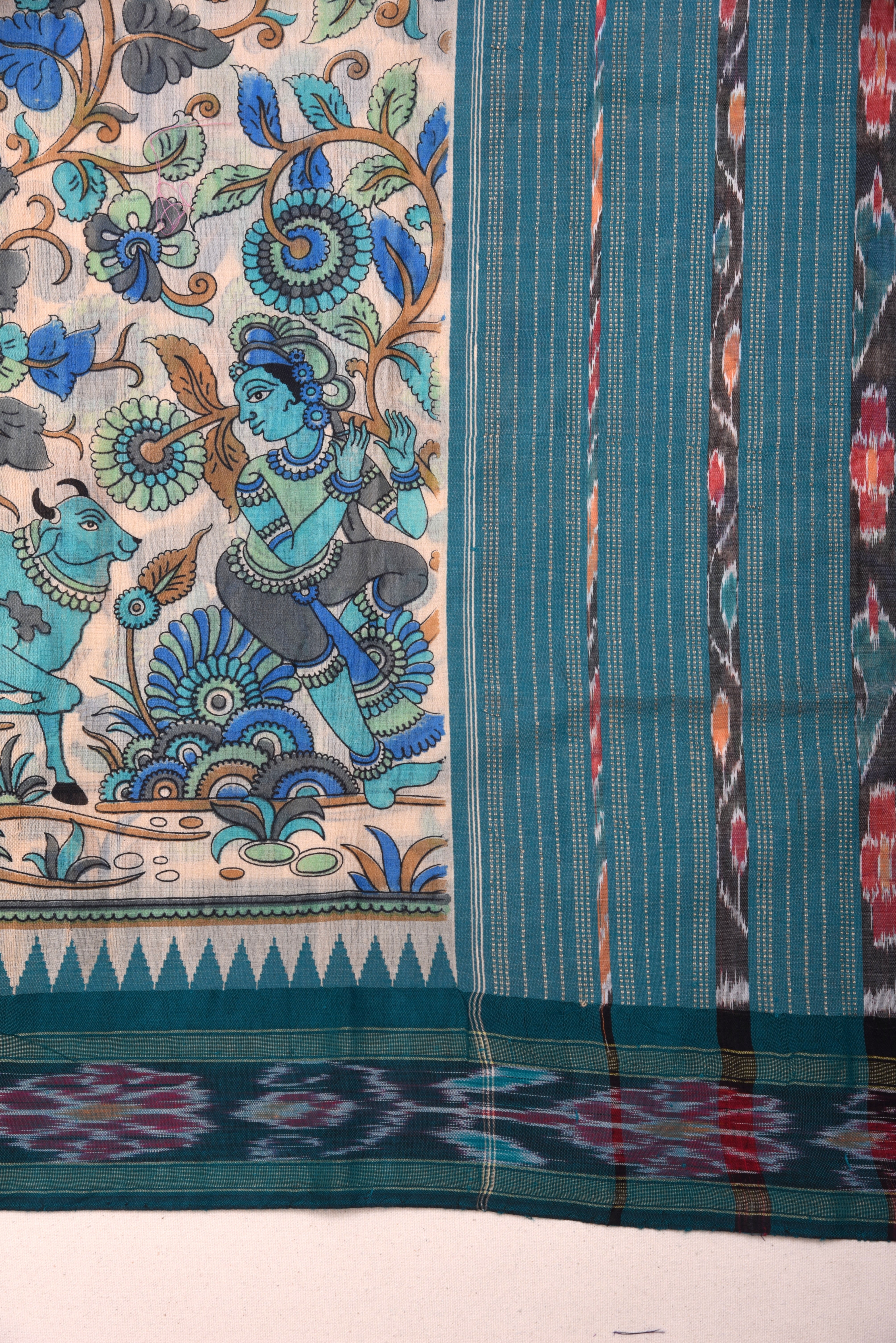 Raw Silk handloom printed saree with ikkat border