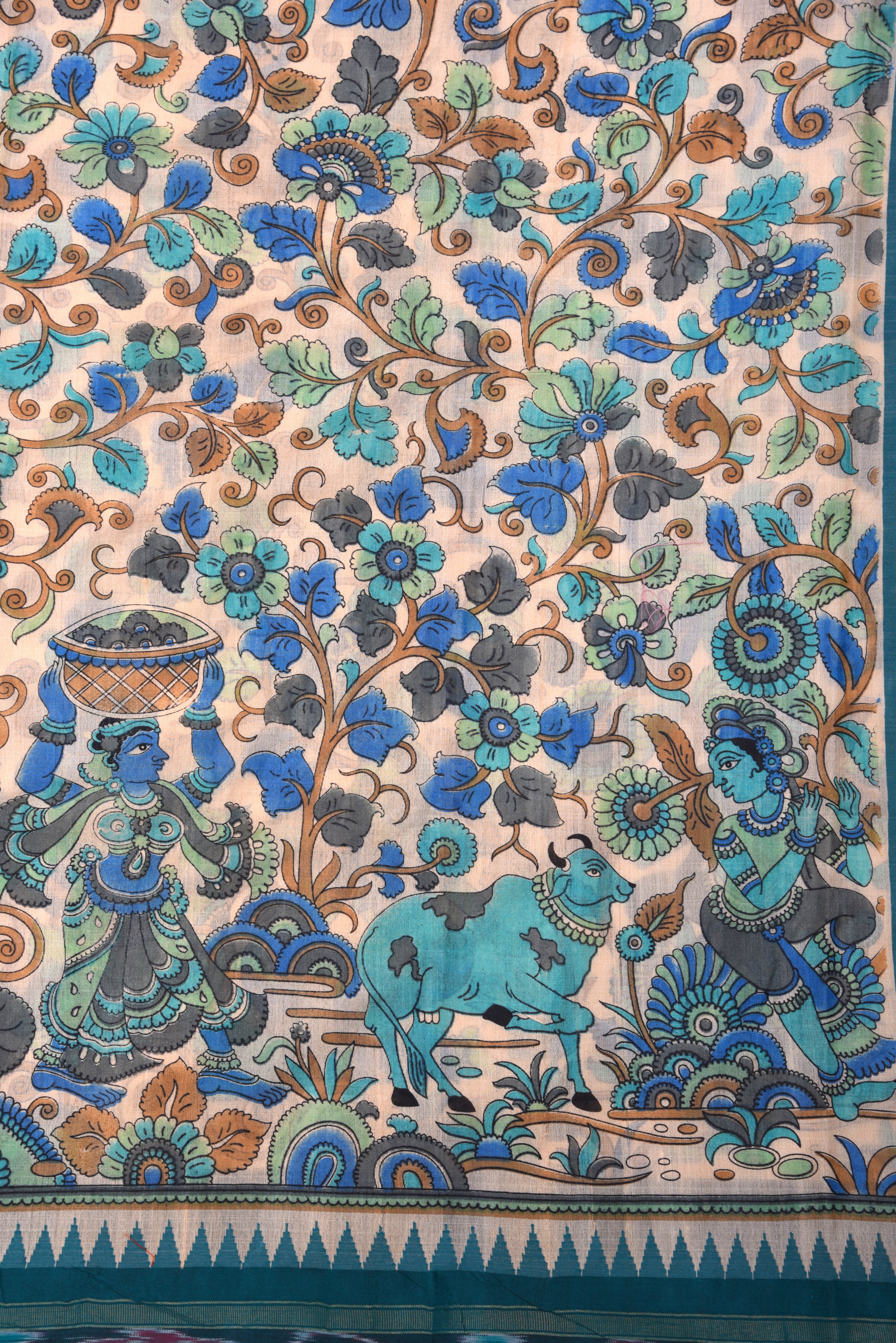 Raw Silk handloom printed saree with ikkat border