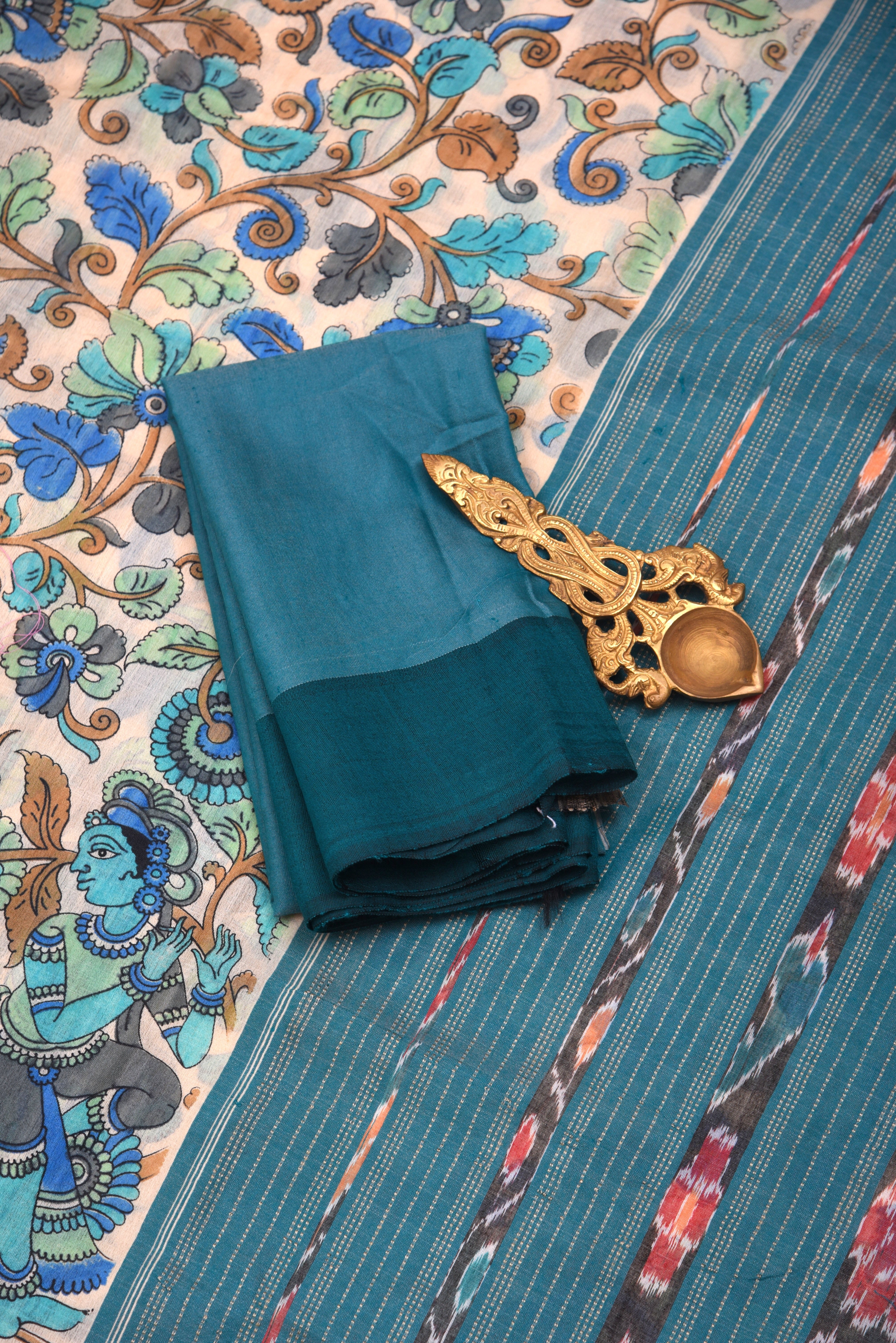 Raw Silk handloom printed saree with ikkat border