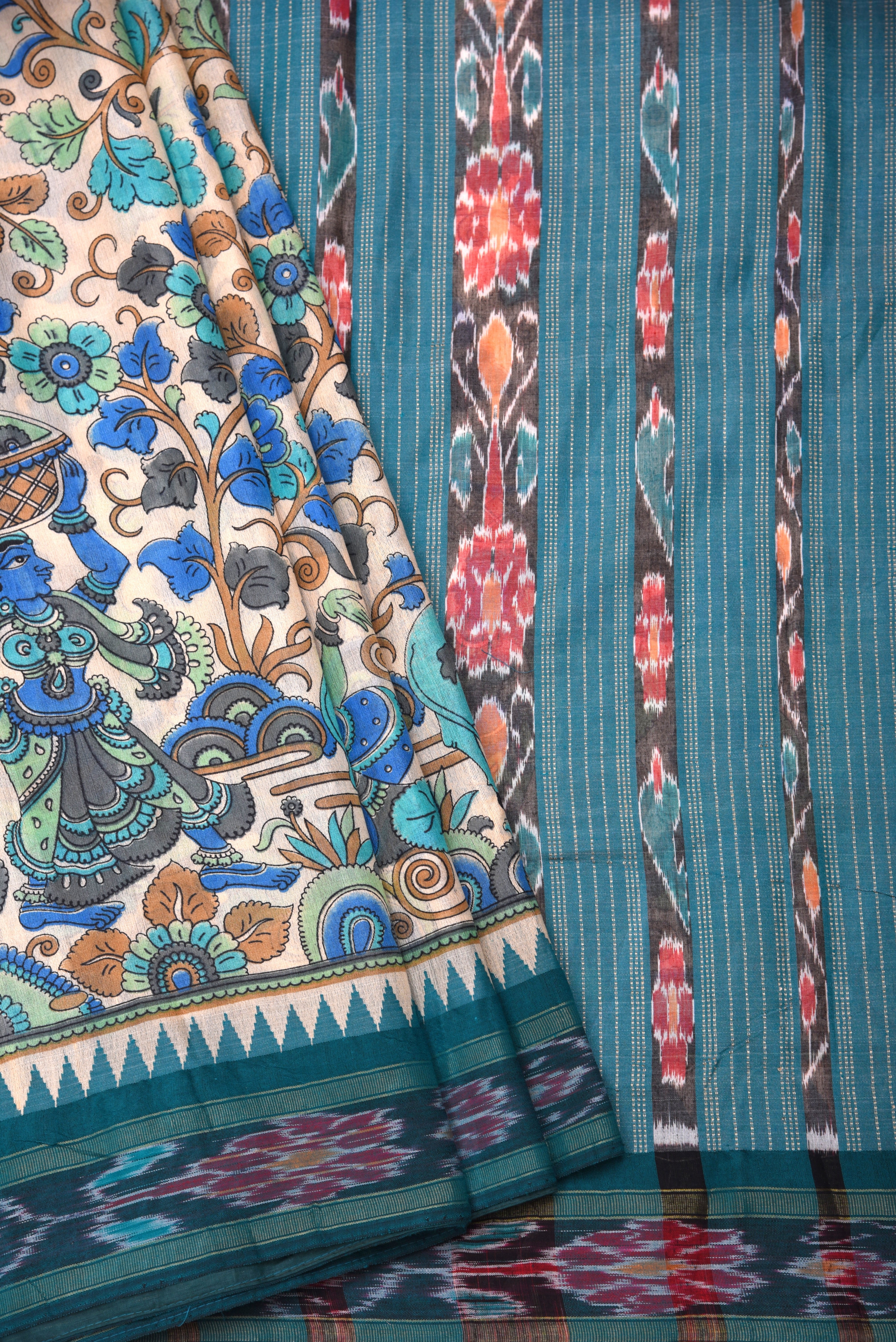 Raw Silk handloom printed saree with ikkat border