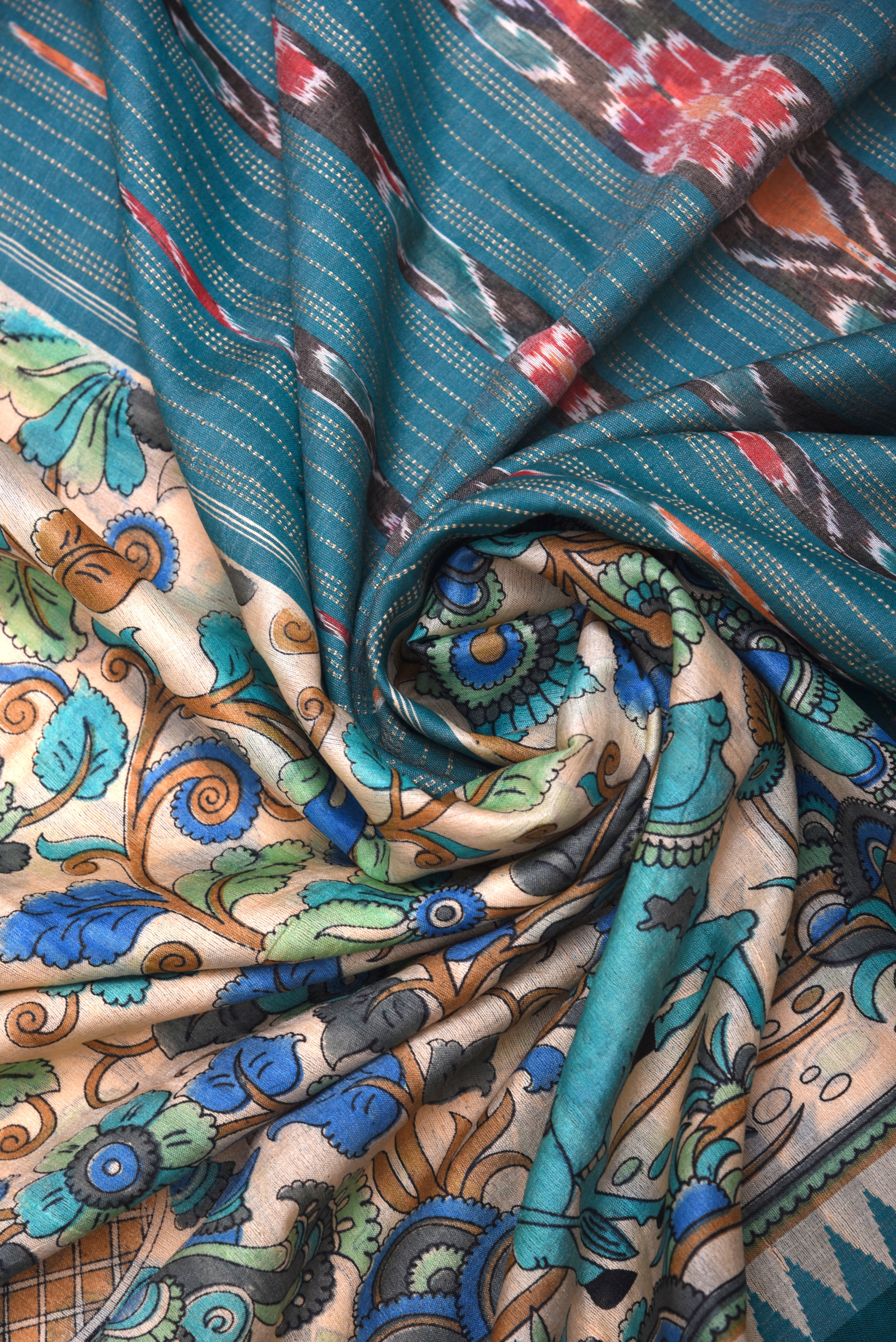 Raw Silk handloom printed saree with ikkat border