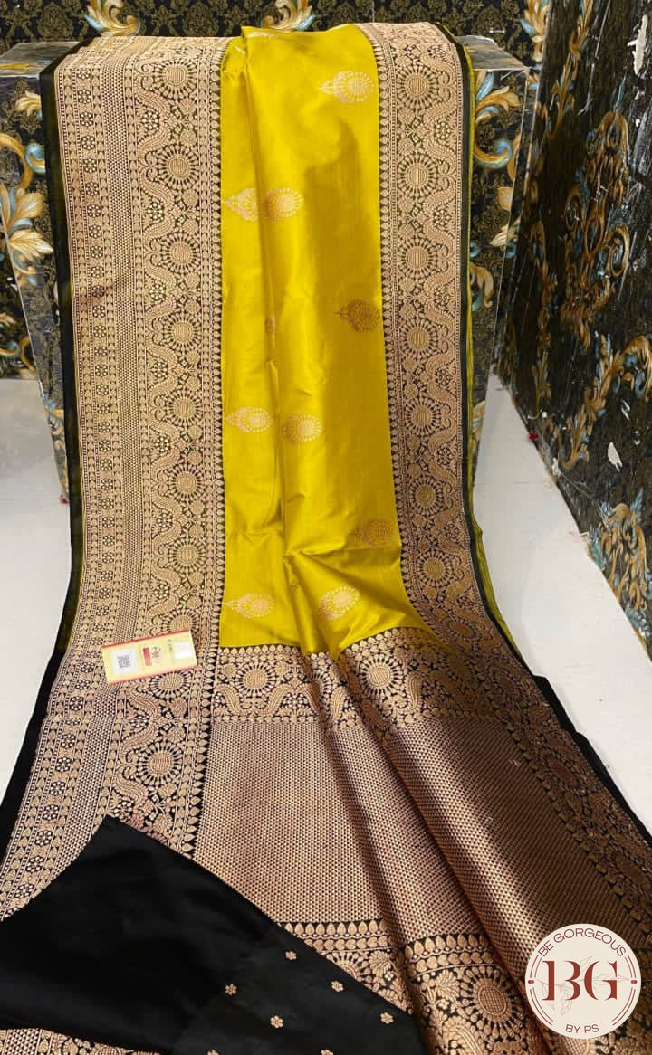 Pure Banarasi Handloom Katan Silk Kadhua Weaved Contrast Border Pallu Saree - Yellow Black
Silkmark certfiied