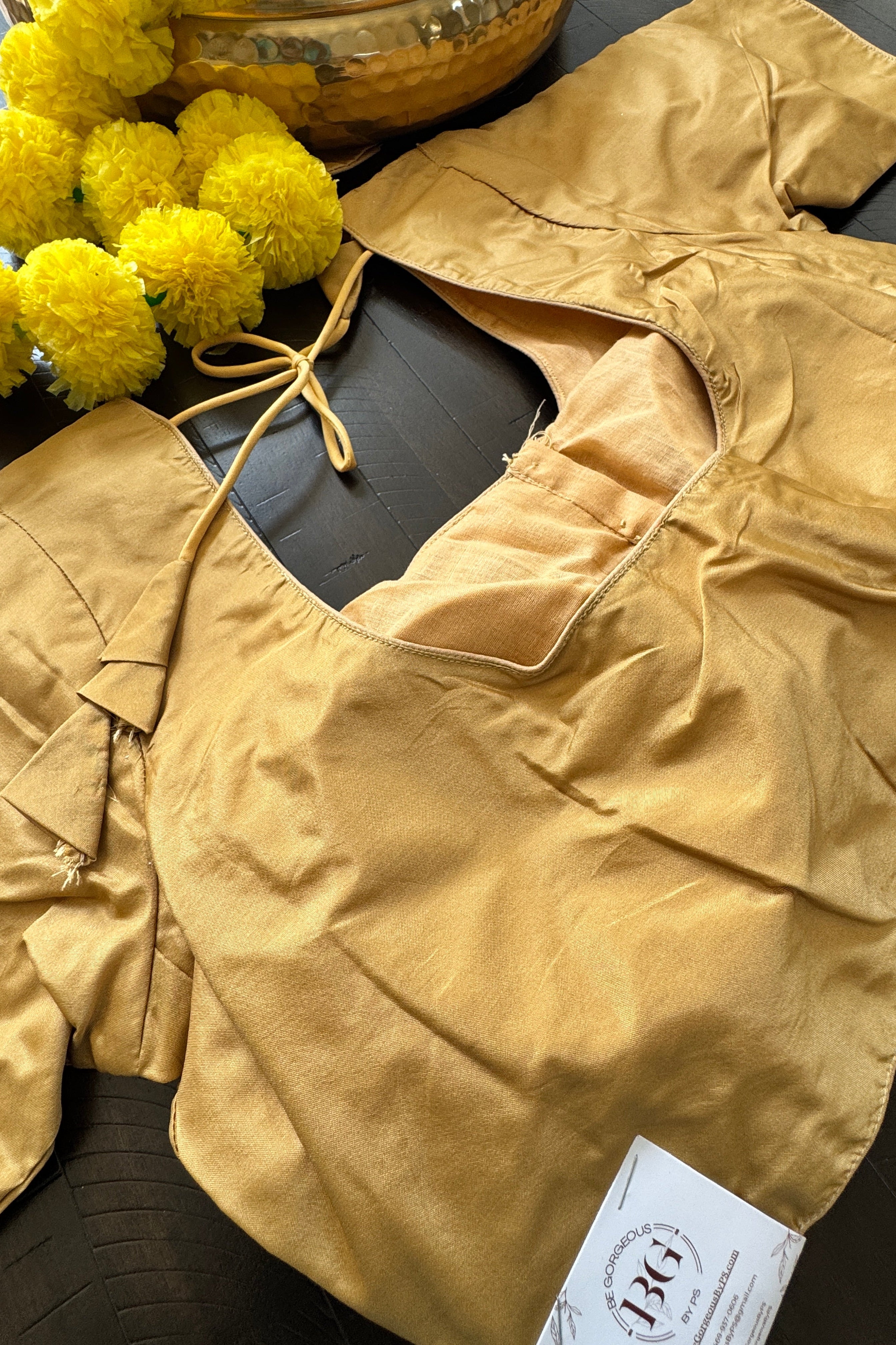 Rawsilk padded readymade blouse with sleeves and front hooks - yellowish golden