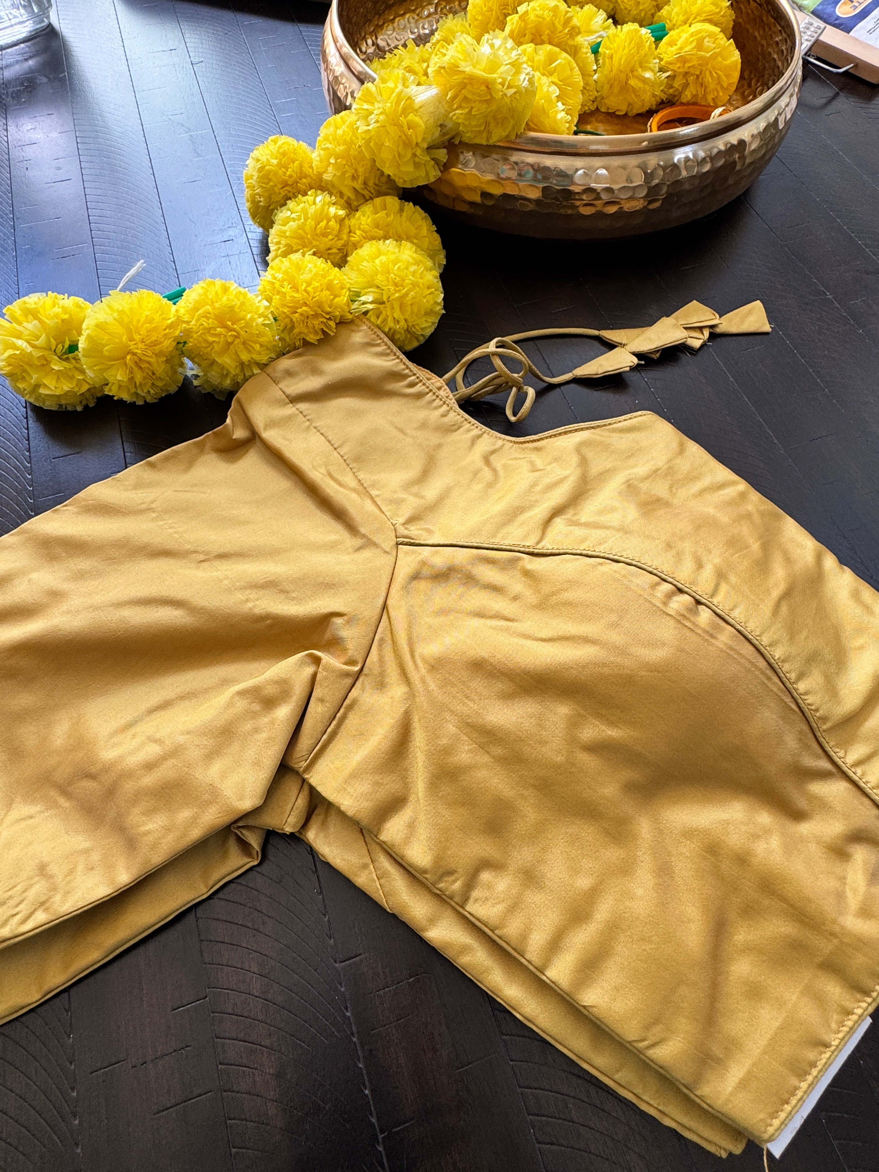 Rawsilk padded readymade blouse with sleeves and front hooks - yellowish golden