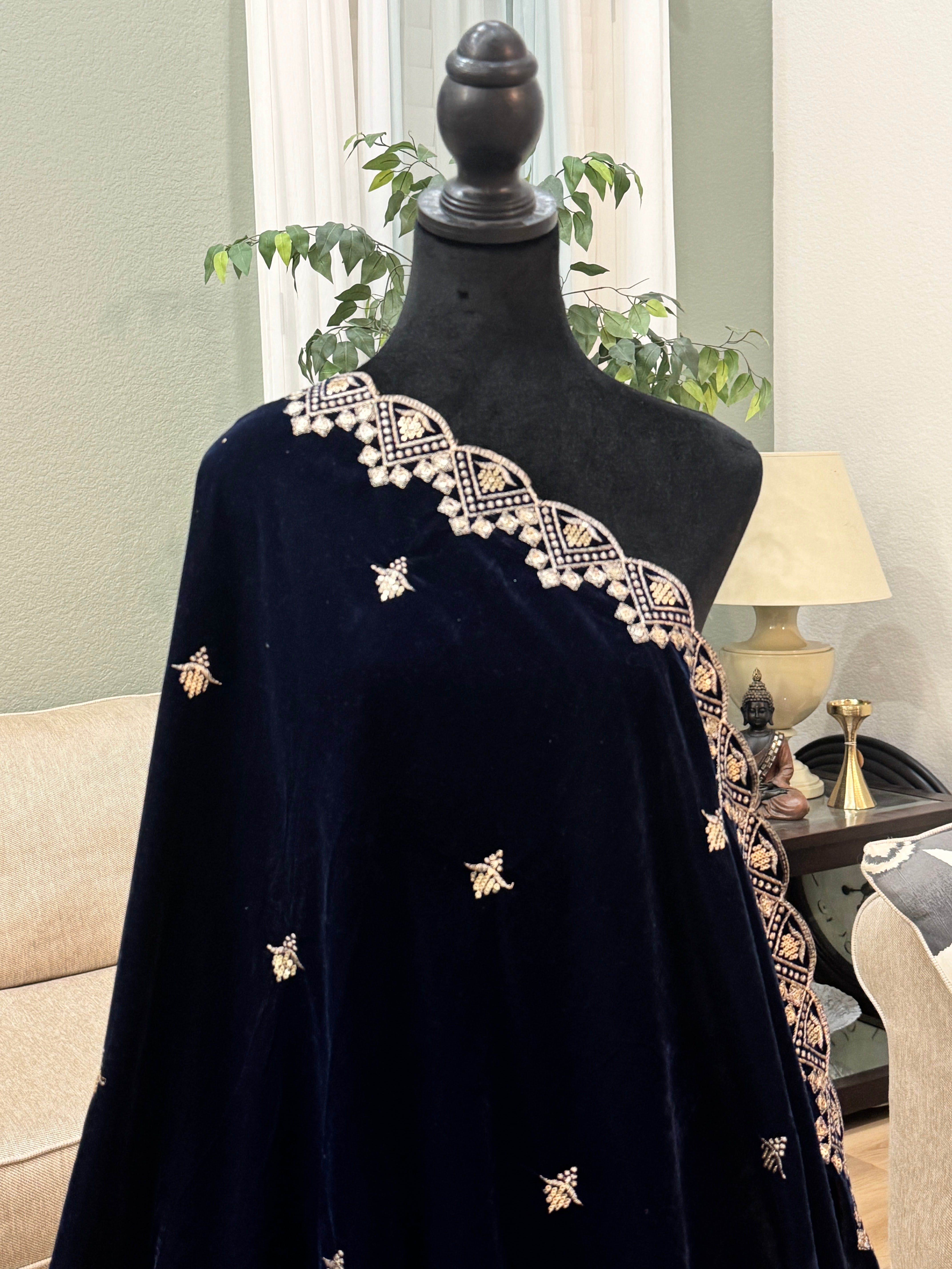 Velvet Sequence Cutwork dupatta - blue