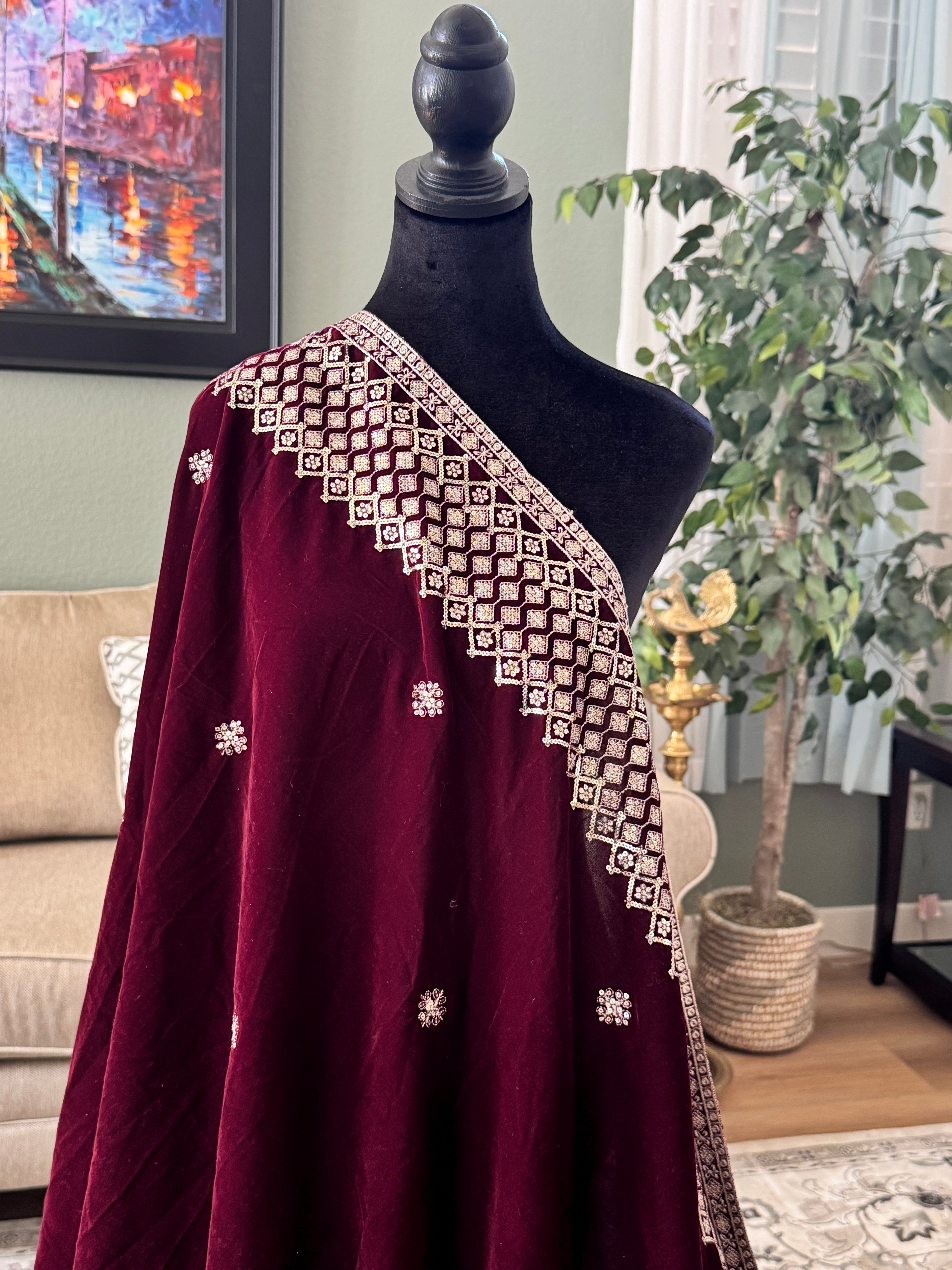 Velvet Sequence Border dupatta - wine