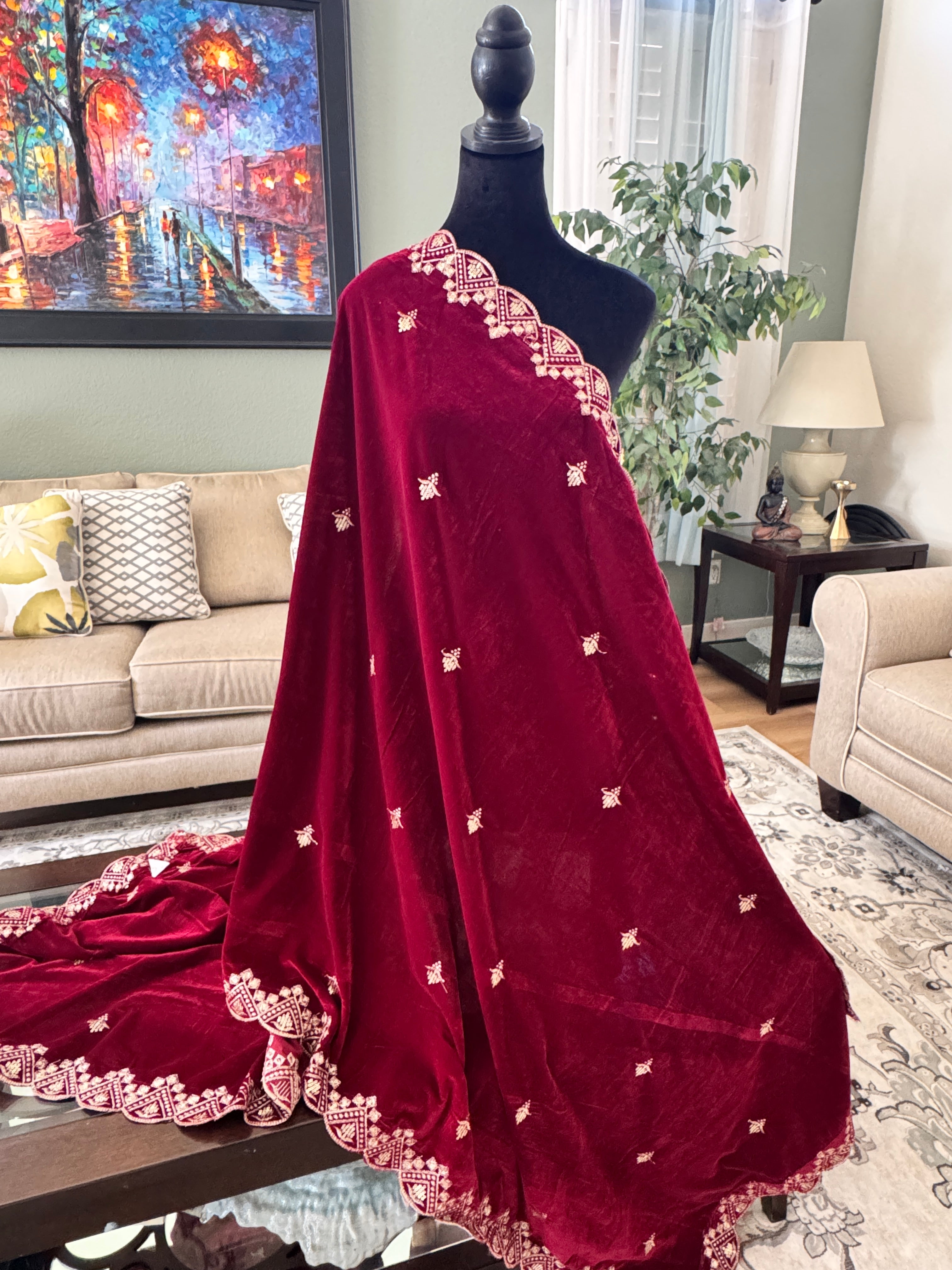 Velvet Sequence Cutwork dupatta - wine