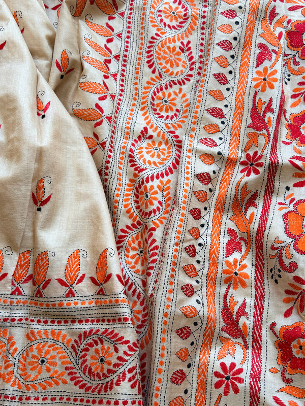 Kantha Stitch Saree on tussar silk