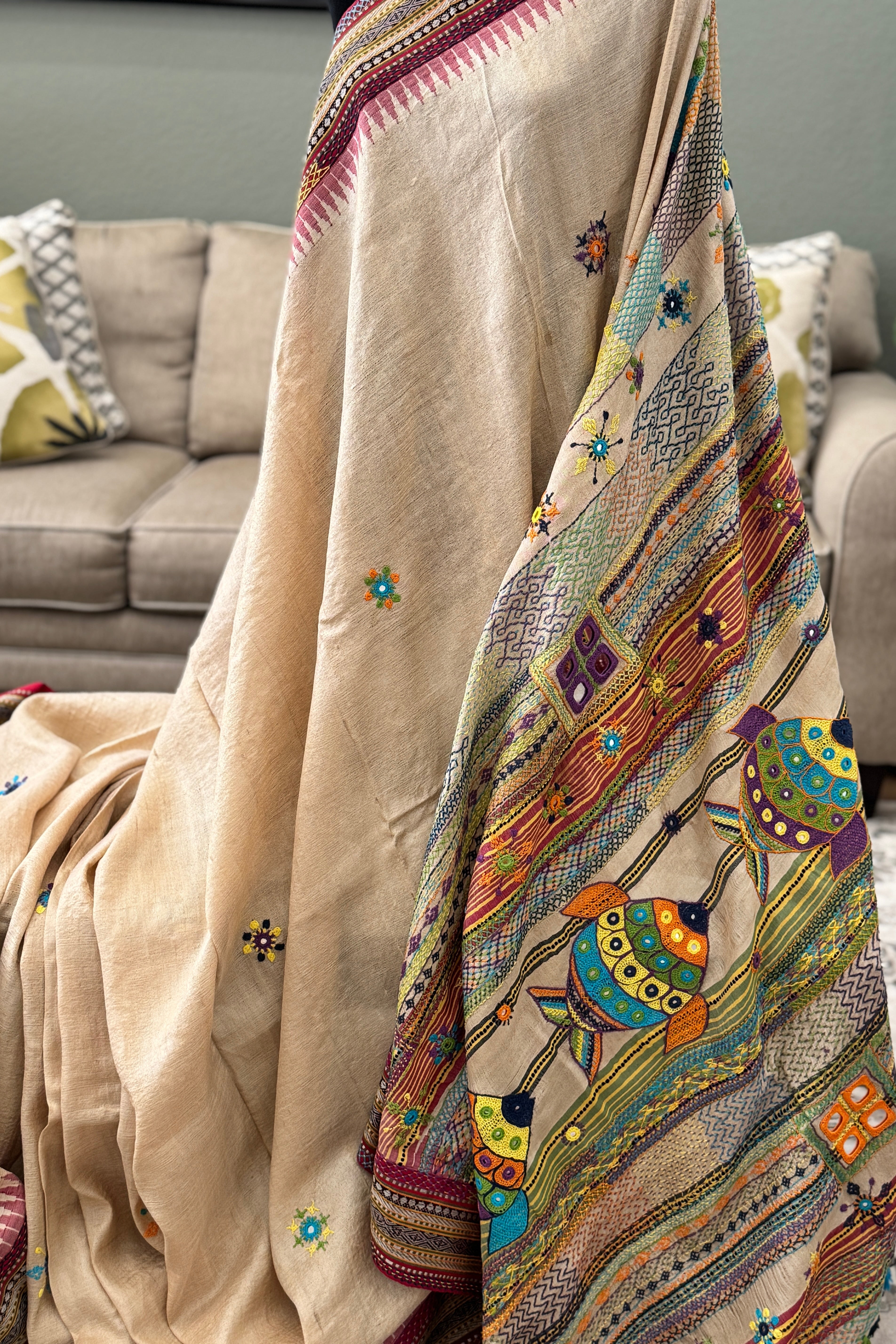 Lambani Hand Embroidered Vidharba Tussar Saree - red