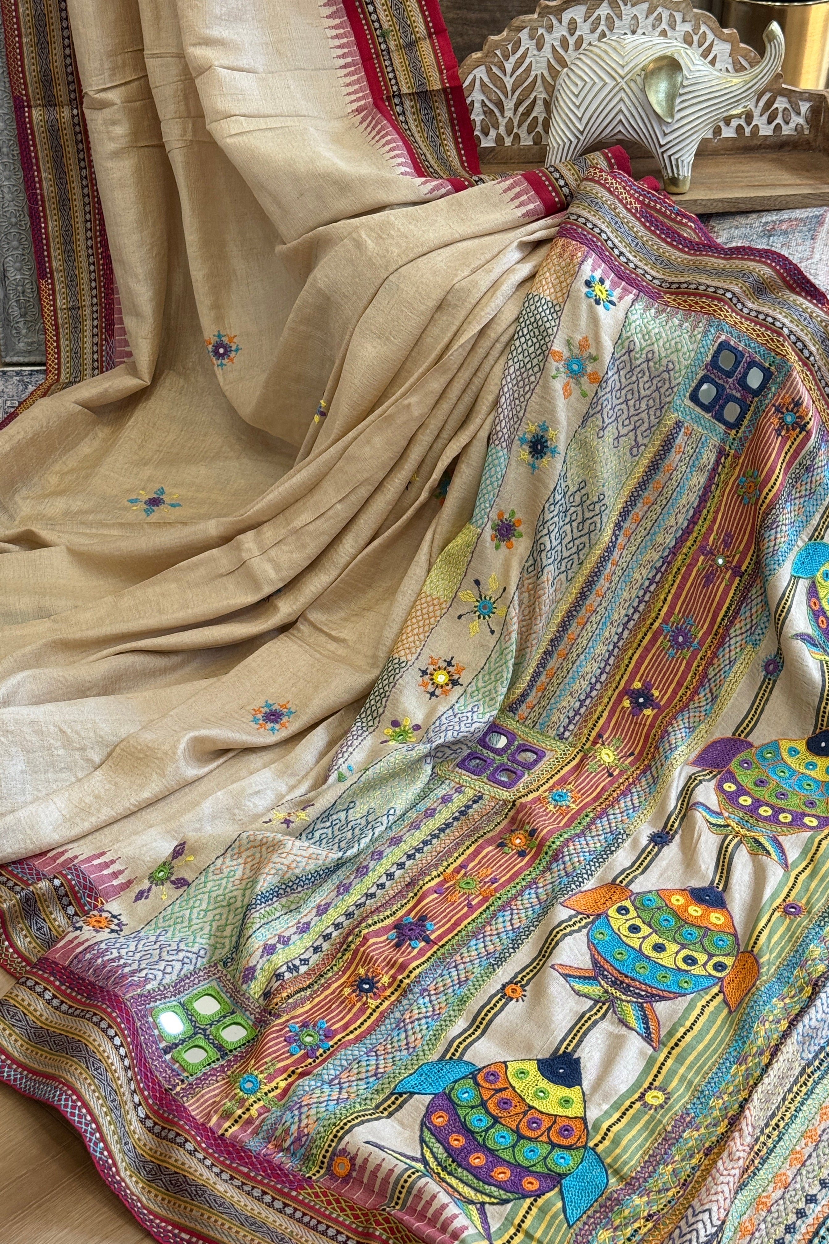 Lambani Hand Embroidered Vidharba Tussar Saree - red