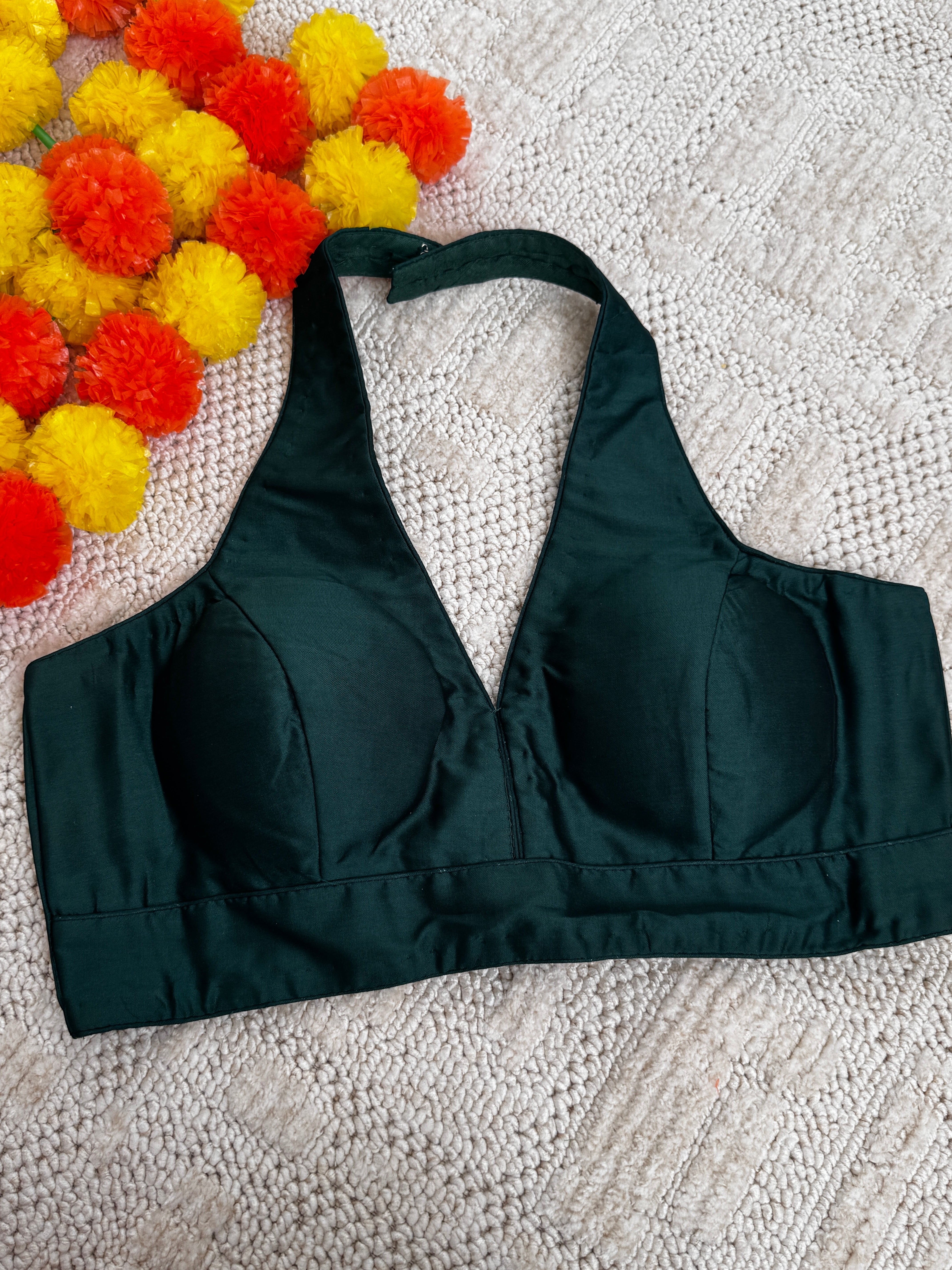 Raw Silk Halter Readymade Padded Back Hooks Sleeveless Blouse