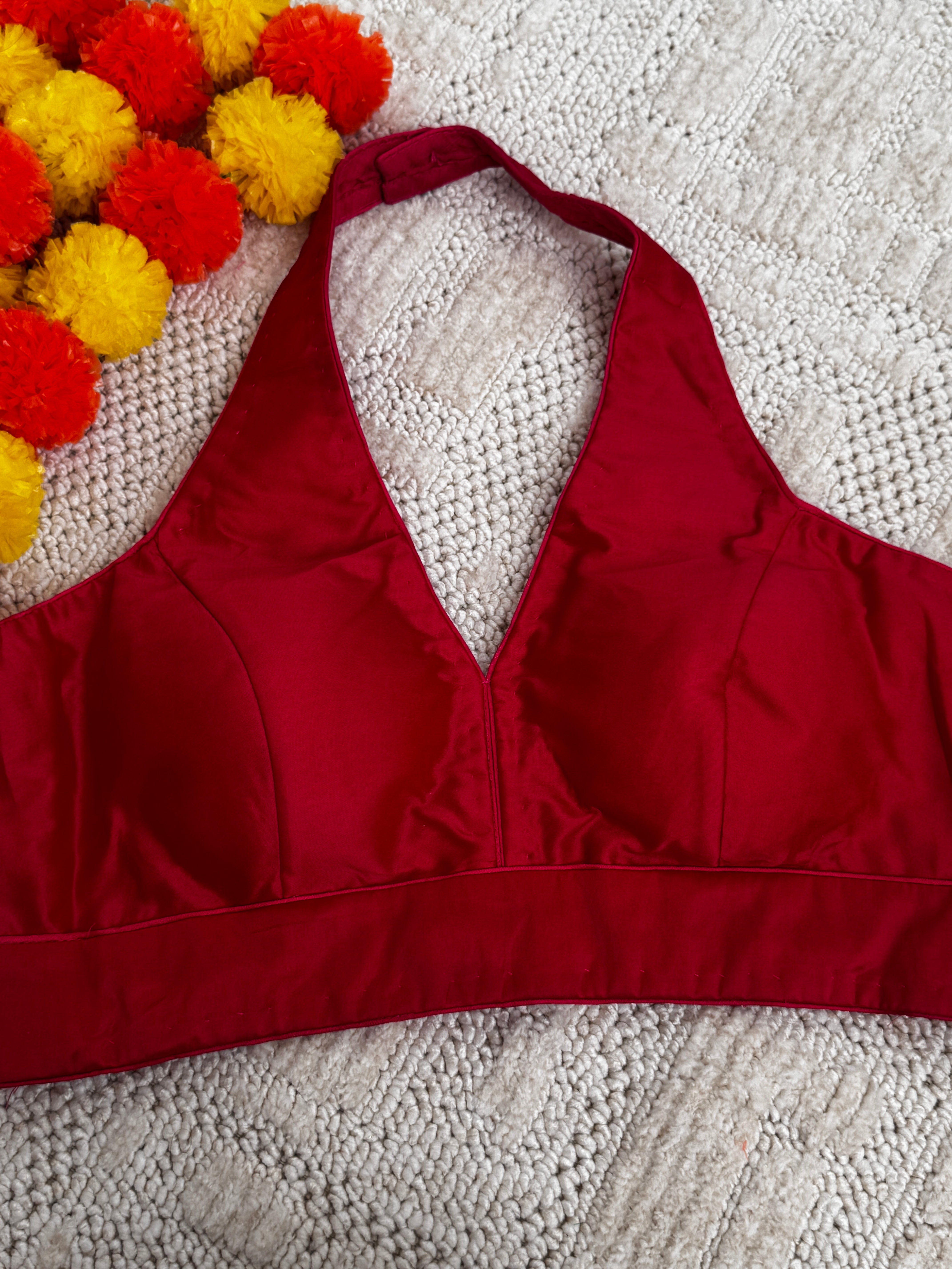 Raw Silk Halter Readymade Padded Back Hooks Sleeveless Blouse