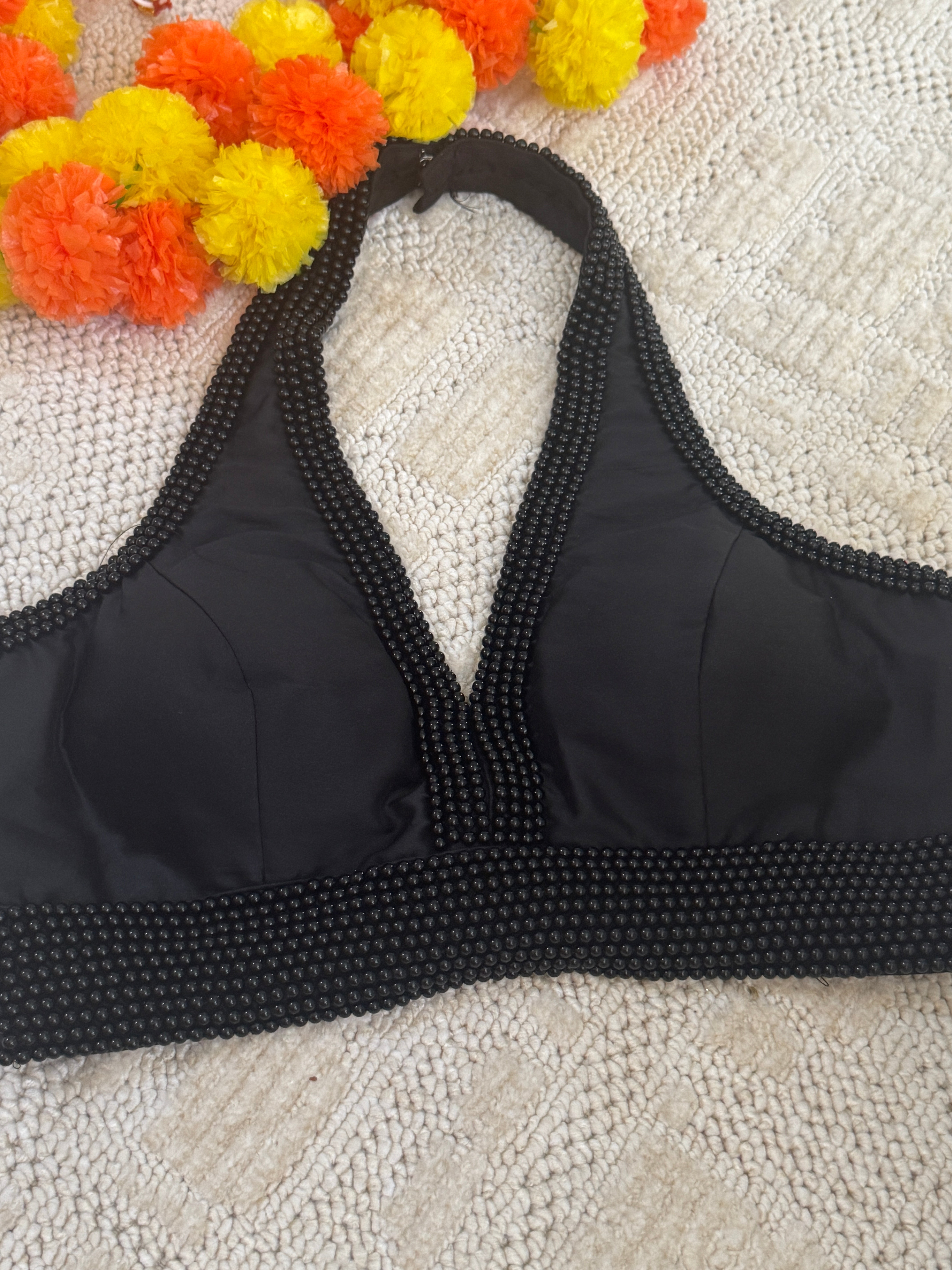 Raw Silk Halter Readymade Padded Pearl work Blouse
