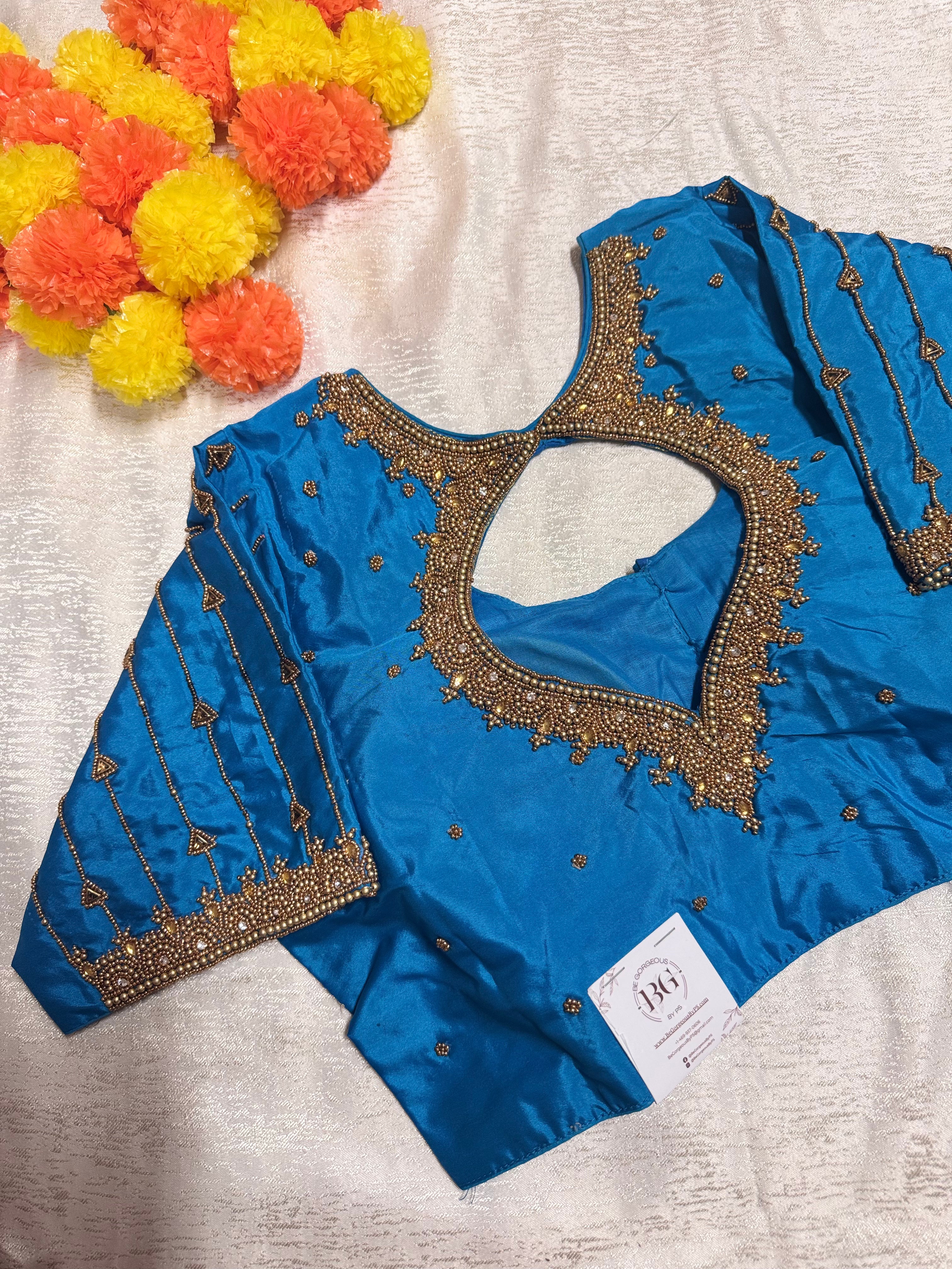 Maggam Work Readymade Padded Blouse front hooks with sleeves