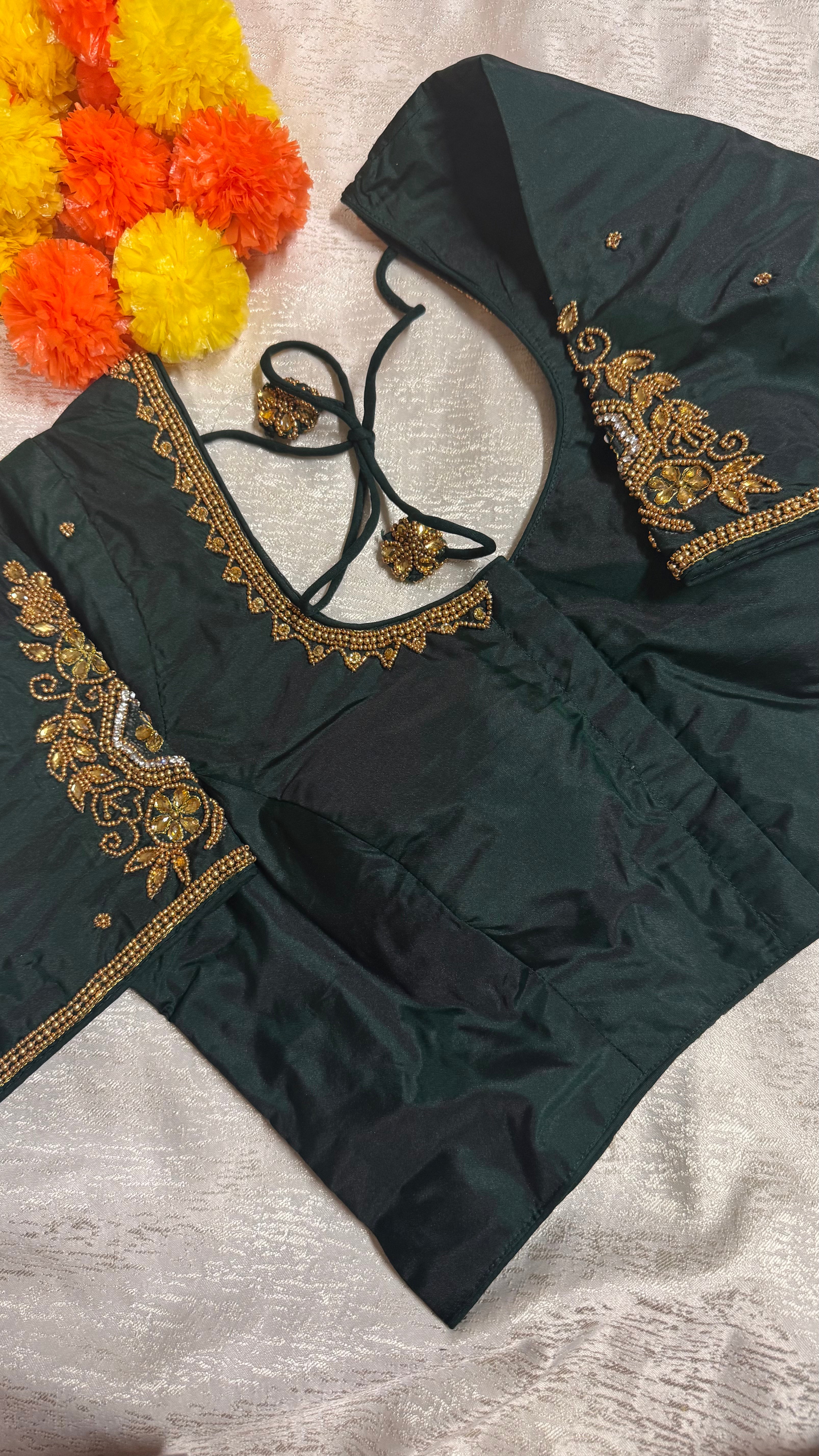 Maggam Work Readymade Padded Blouse front hooks with sleeves