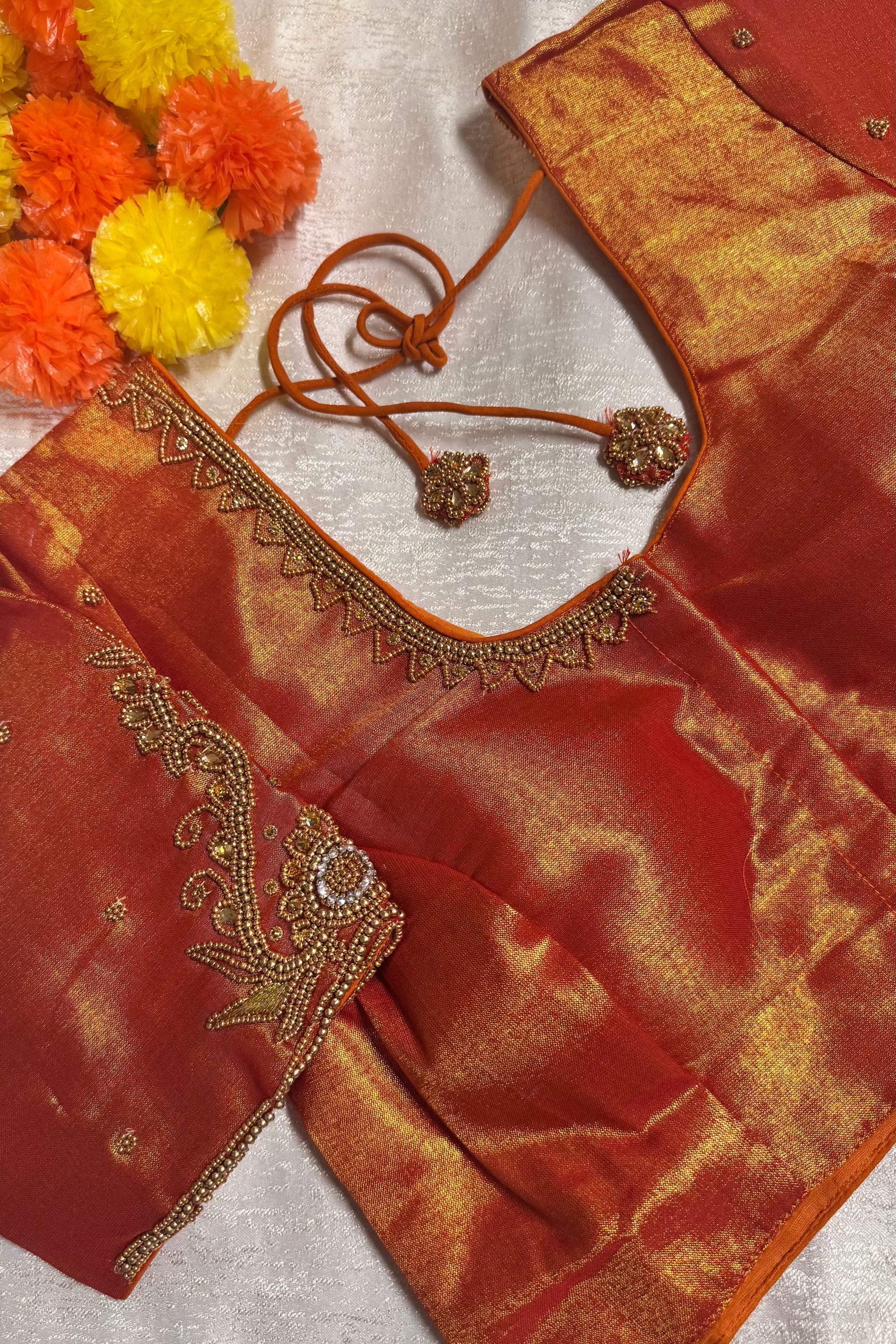 Maggam Work Readymade Padded Blouse front hooks with sleeves