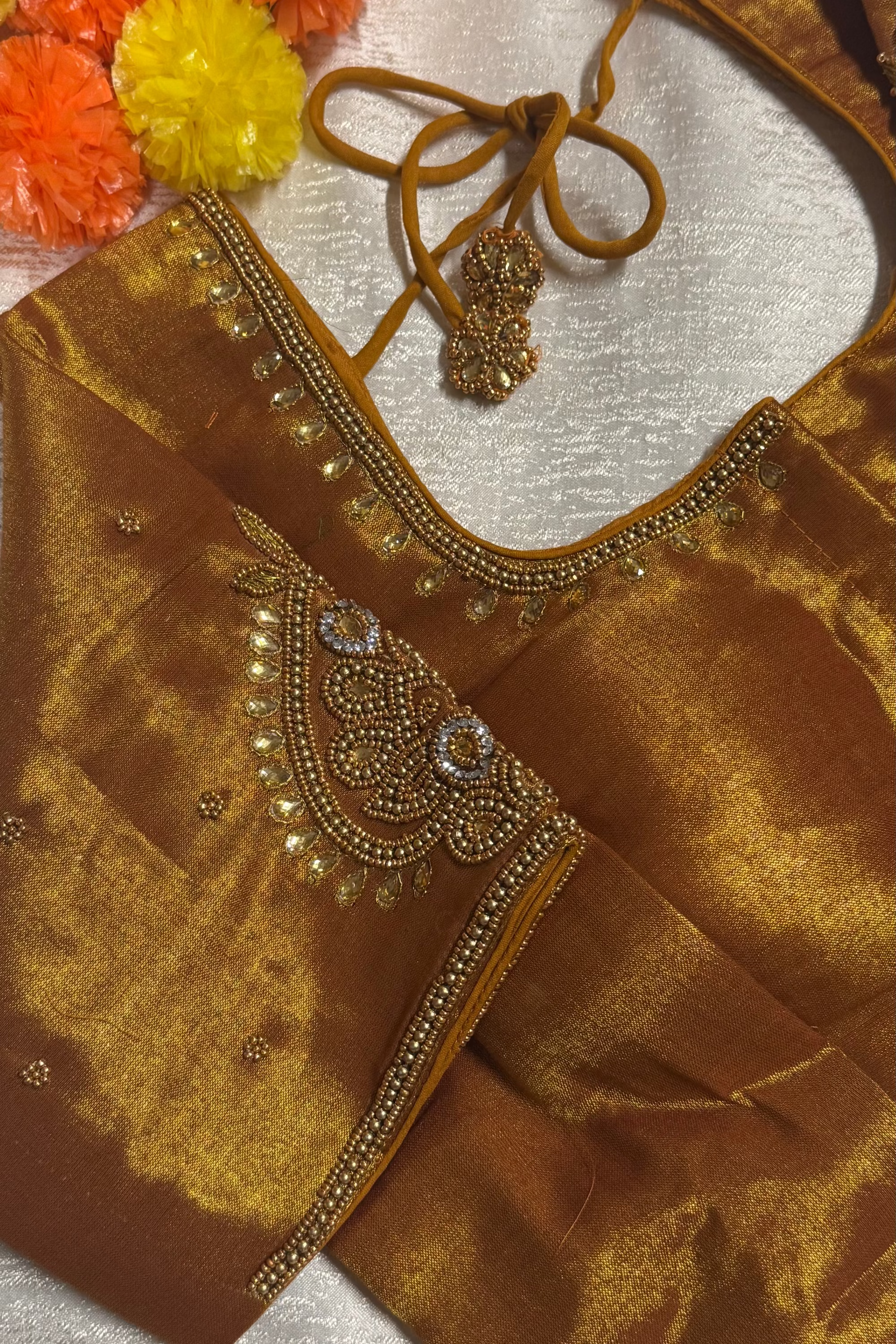 Maggam Work Readymade Padded Blouse front hooks with sleeves