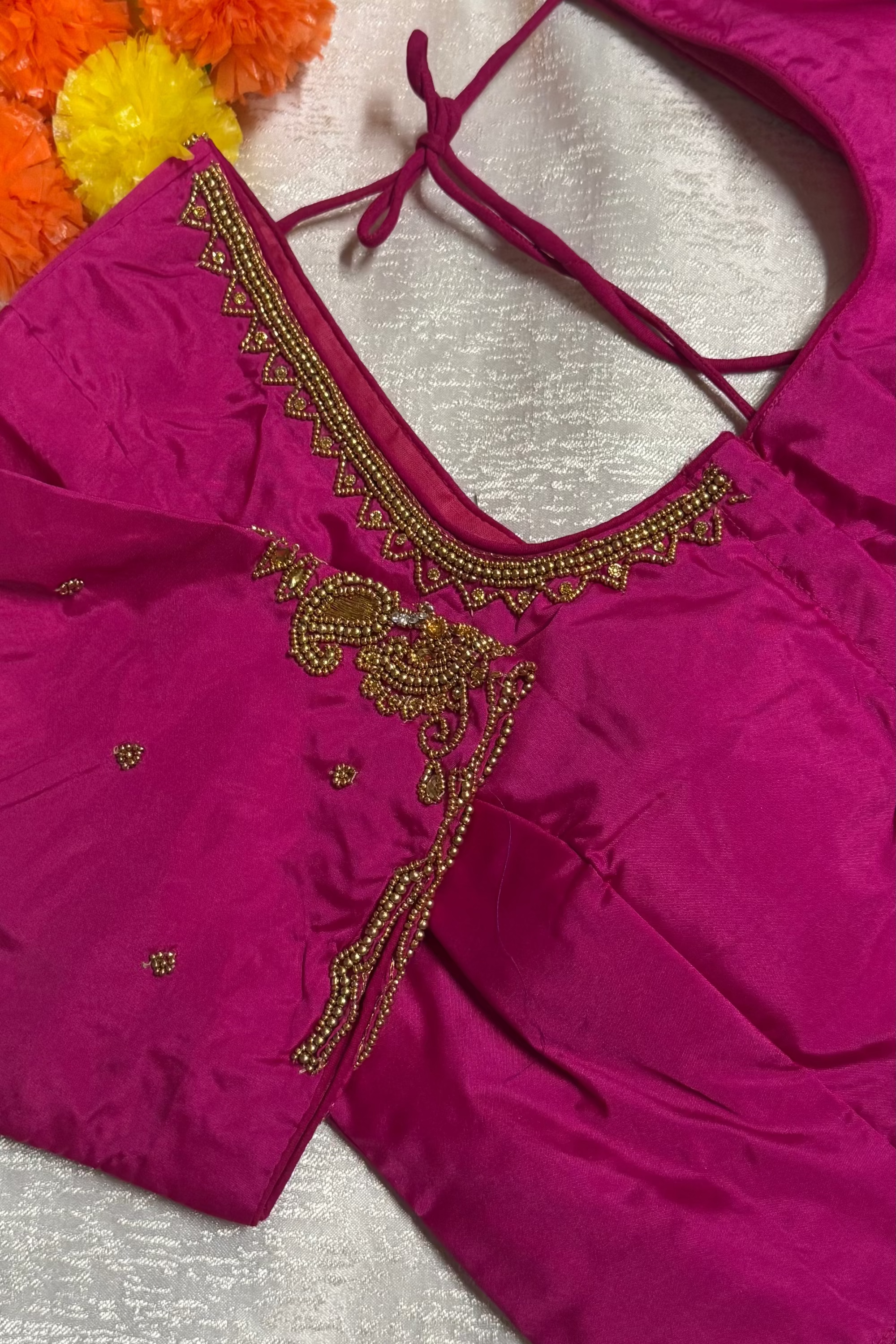 Maggam Work Readymade Padded Blouse front hooks with sleeves