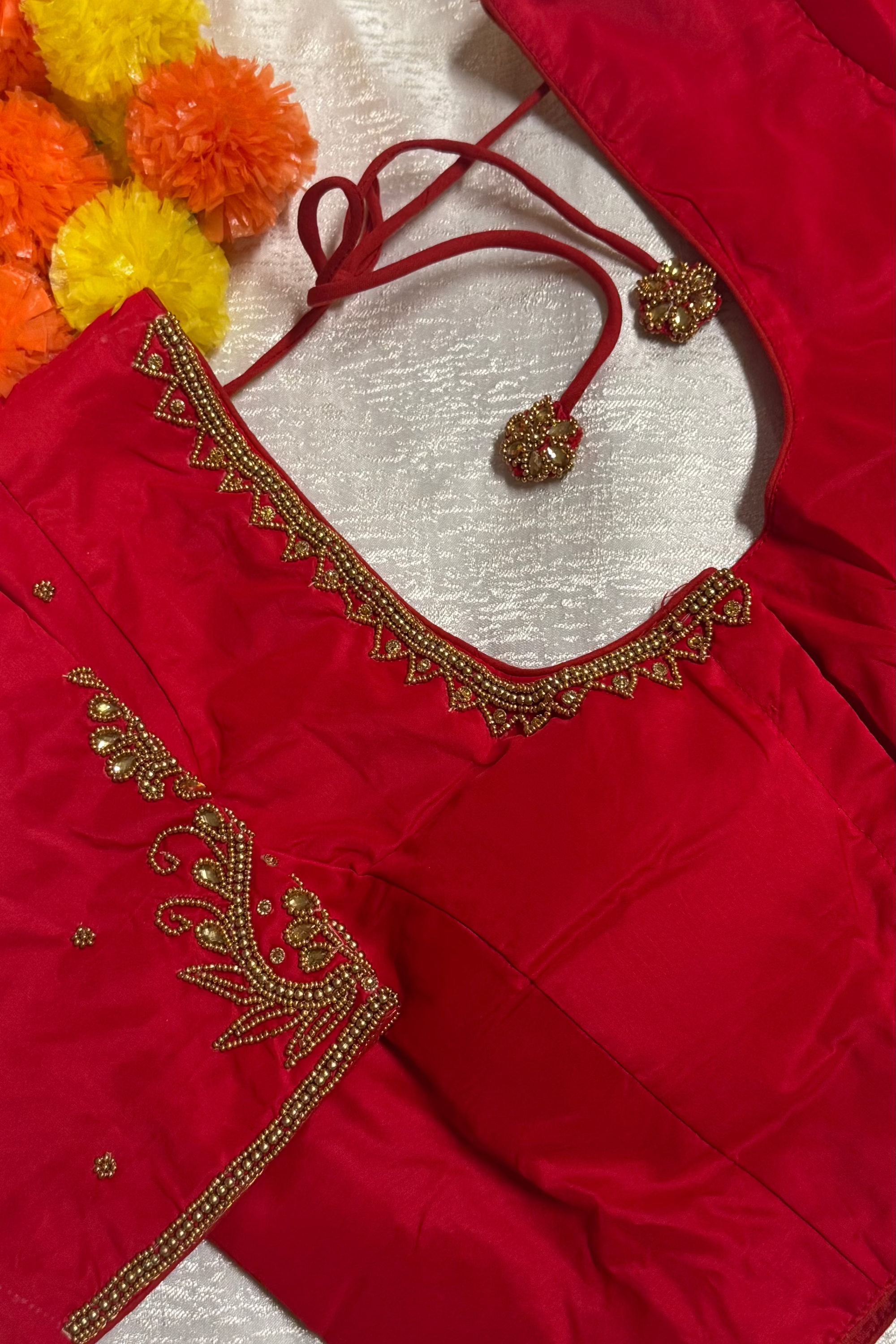 Maggam Work Readymade Padded Blouse front hooks with sleeves
