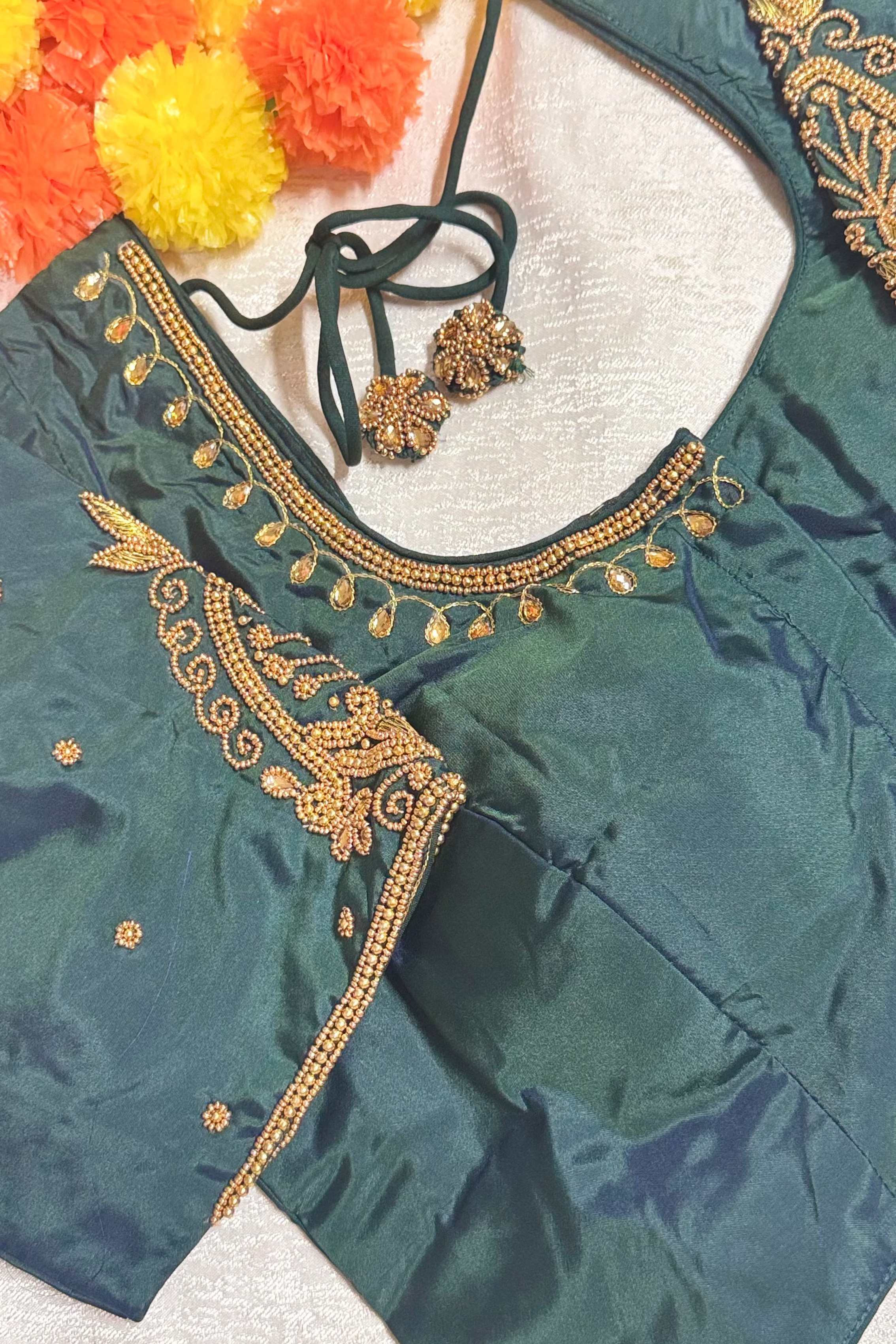 Maggam Work Readymade Padded Blouse front hooks with sleeves