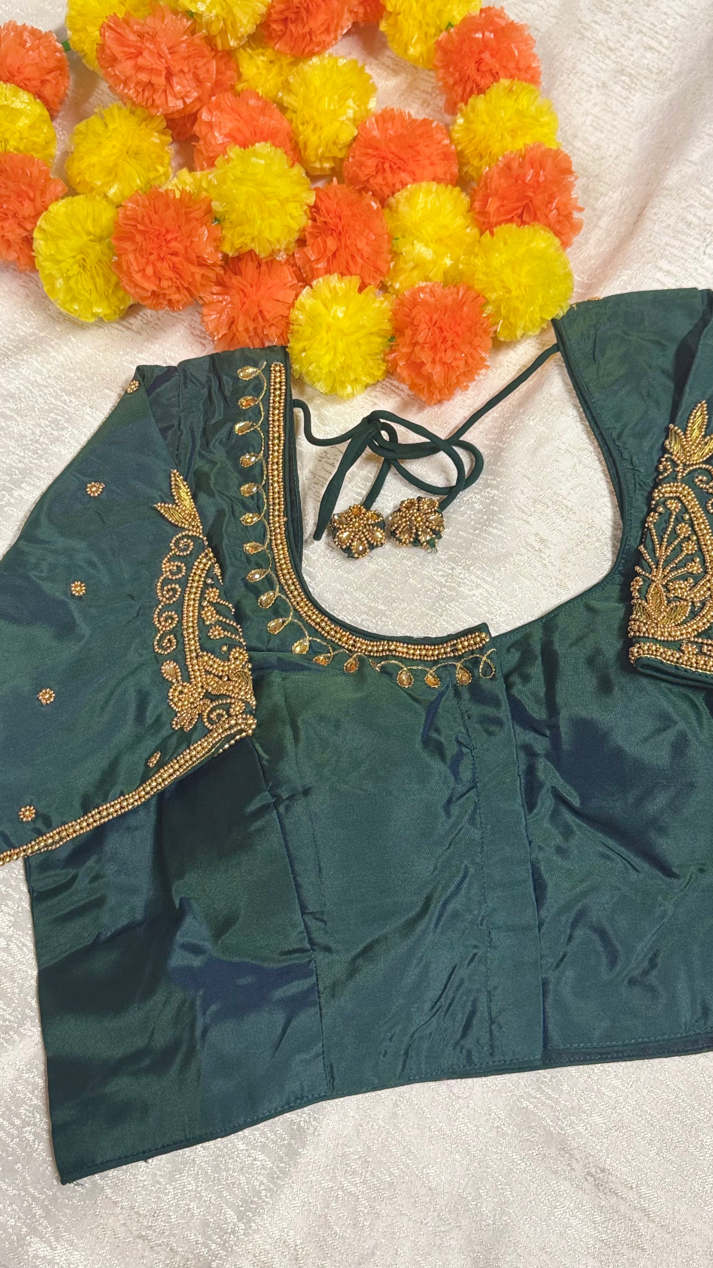 Maggam Work Readymade Padded Blouse front hooks with sleeves