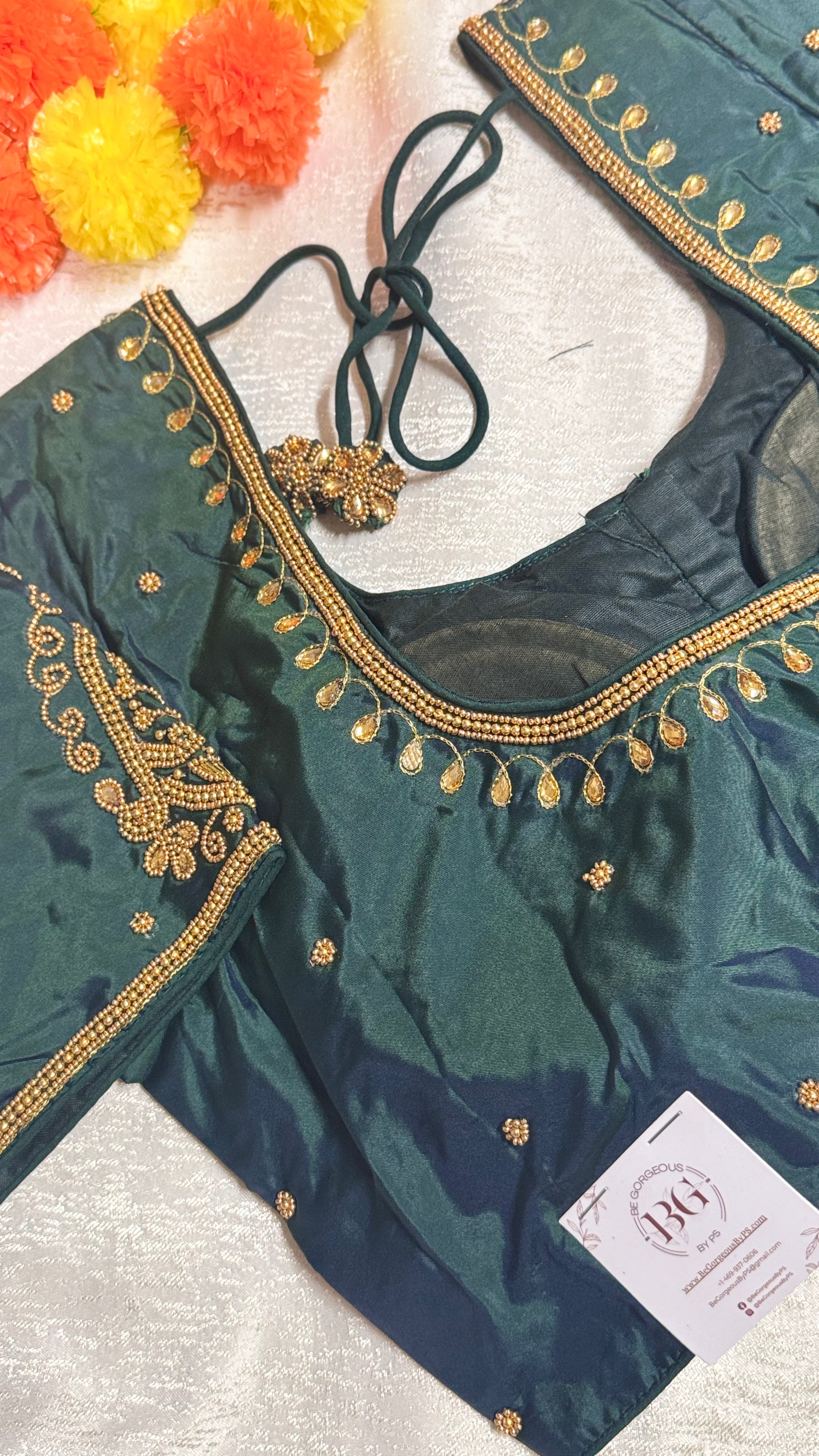 Maggam Work Readymade Padded Blouse front hooks with sleeves