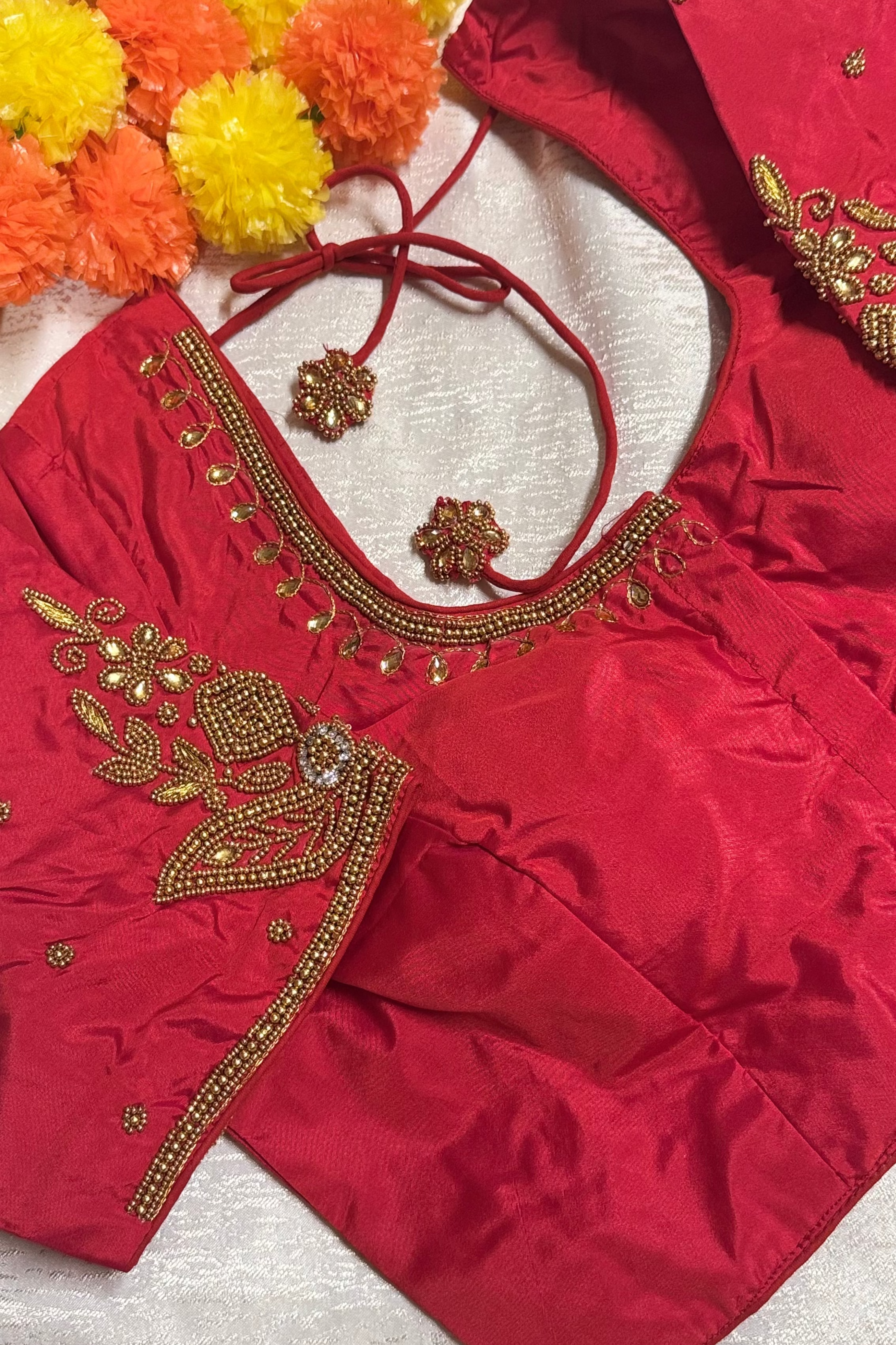 Maggam Work Readymade Padded Blouse front hooks with sleeves