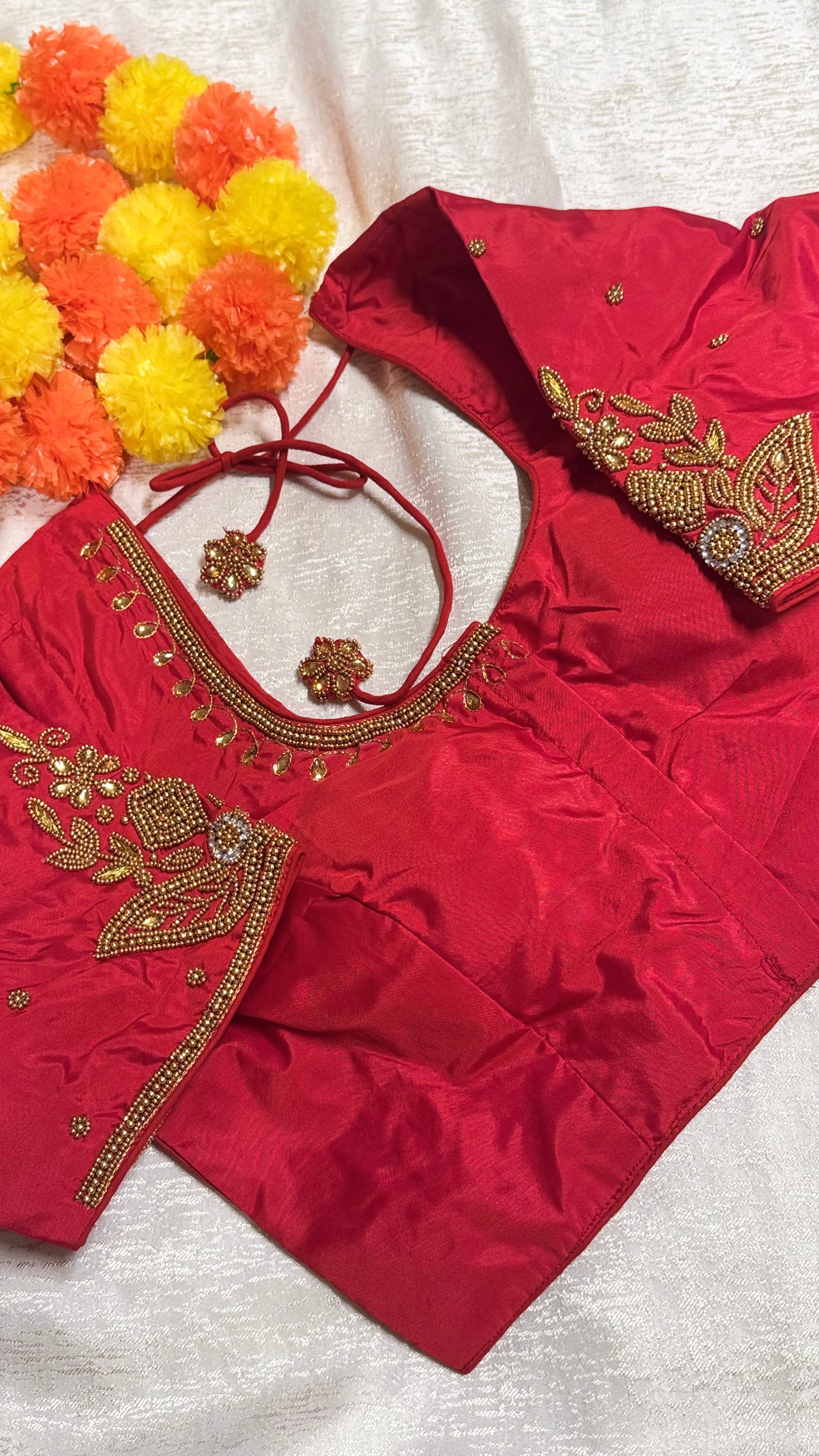 Maggam Work Readymade Padded Blouse front hooks with sleeves