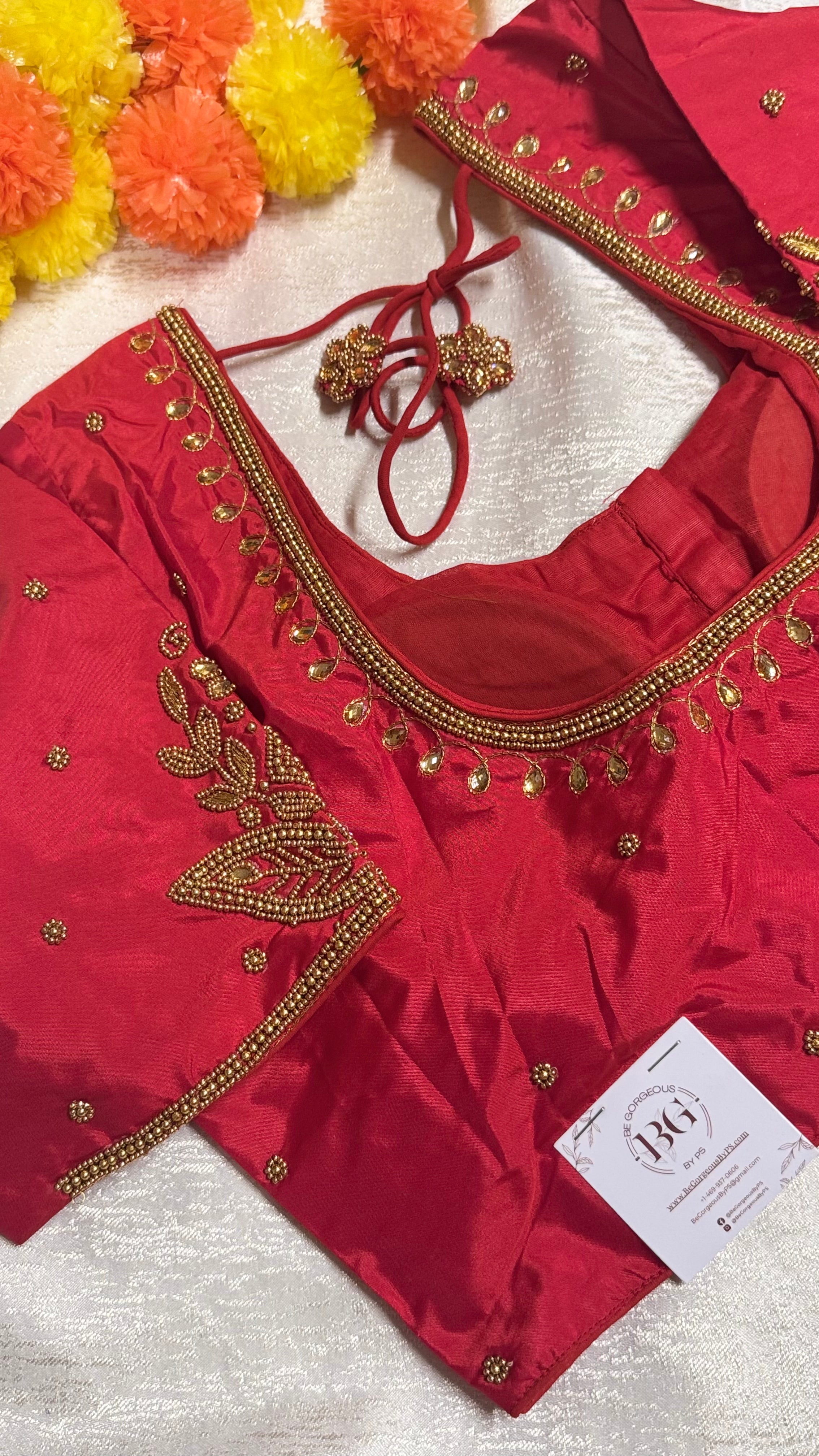 Maggam Work Readymade Padded Blouse front hooks with sleeves