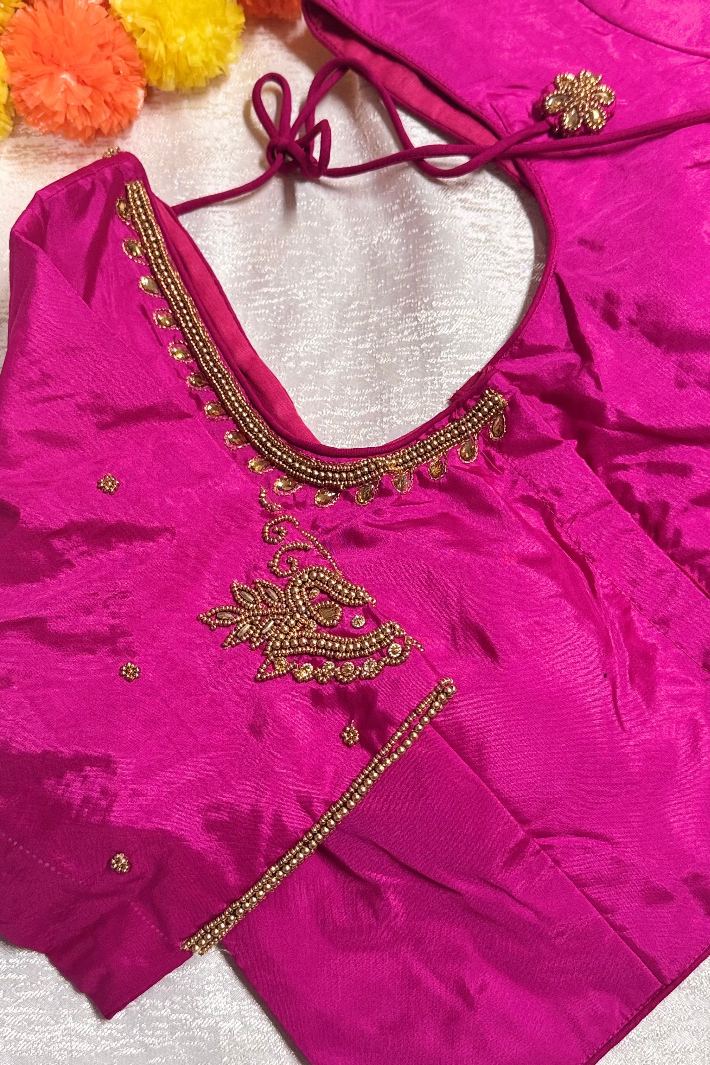Maggam Work Readymade Padded Blouse front hooks with sleeves