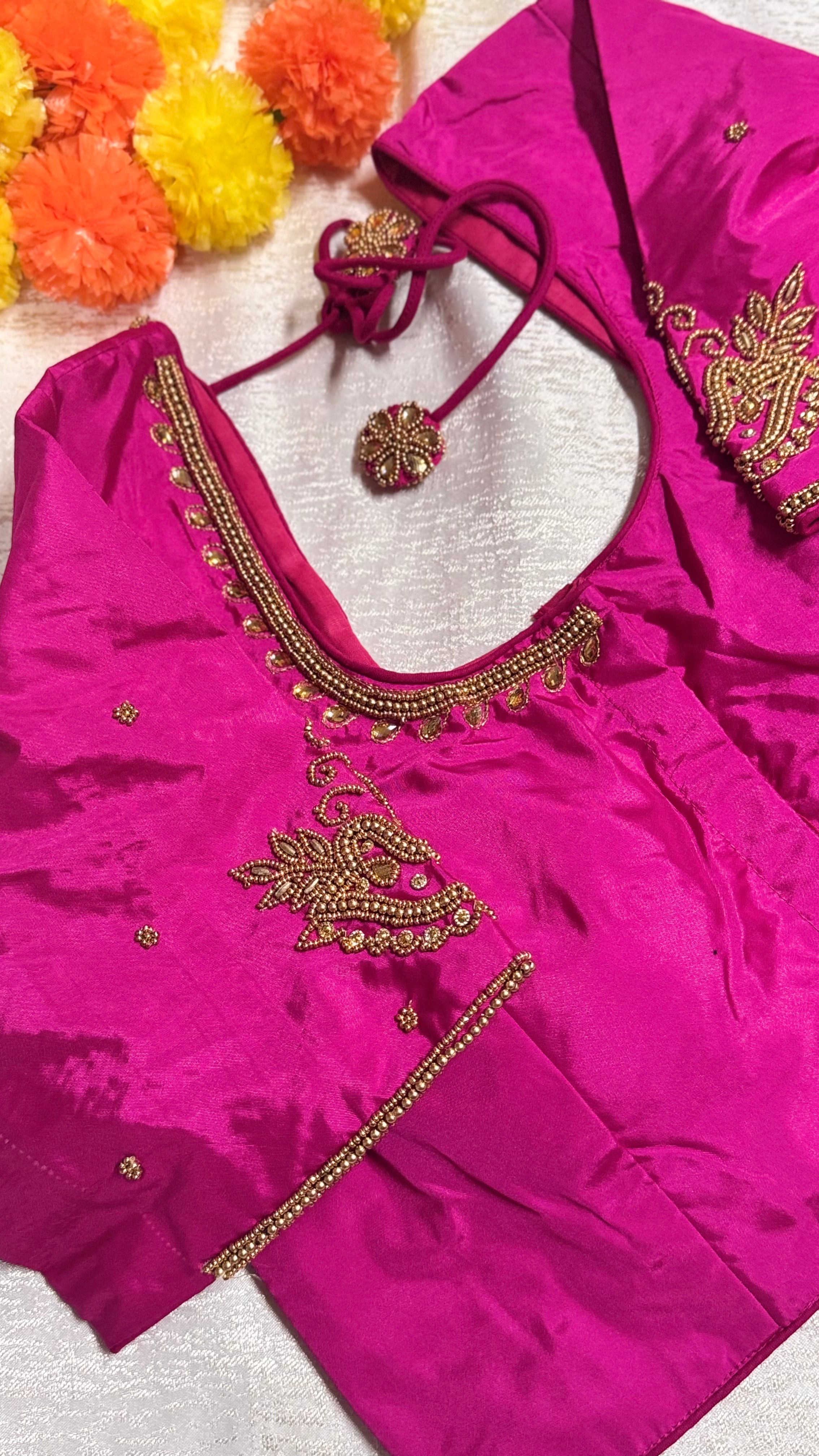 Maggam Work Readymade Padded Blouse front hooks with sleeves