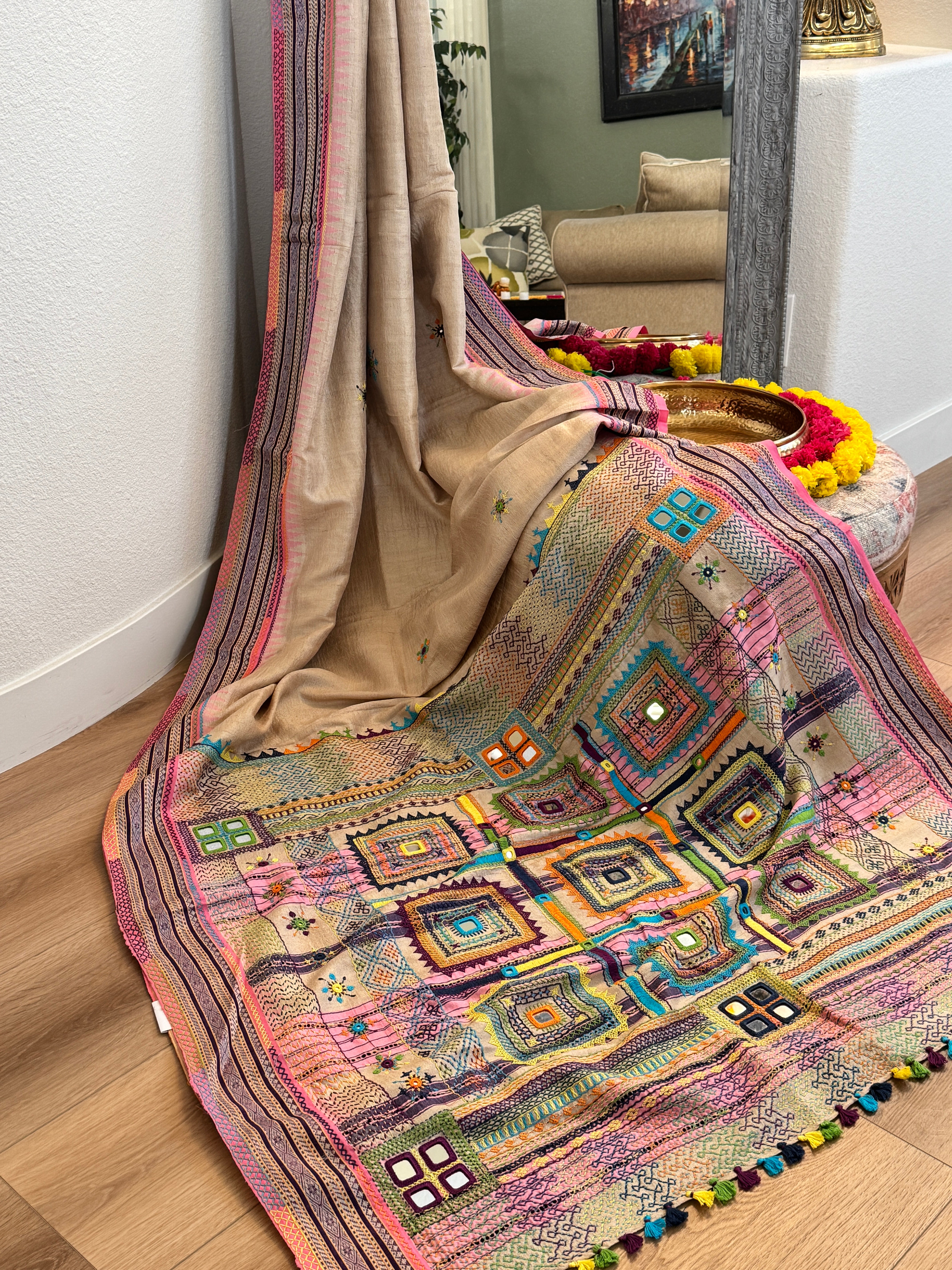 Lambani Hand Embroidered Vidharba Tussar Saree - pink