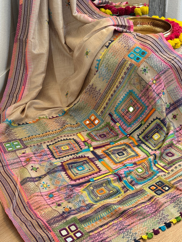 Lambani Hand Embroidered Vidharba Tussar Saree - pink