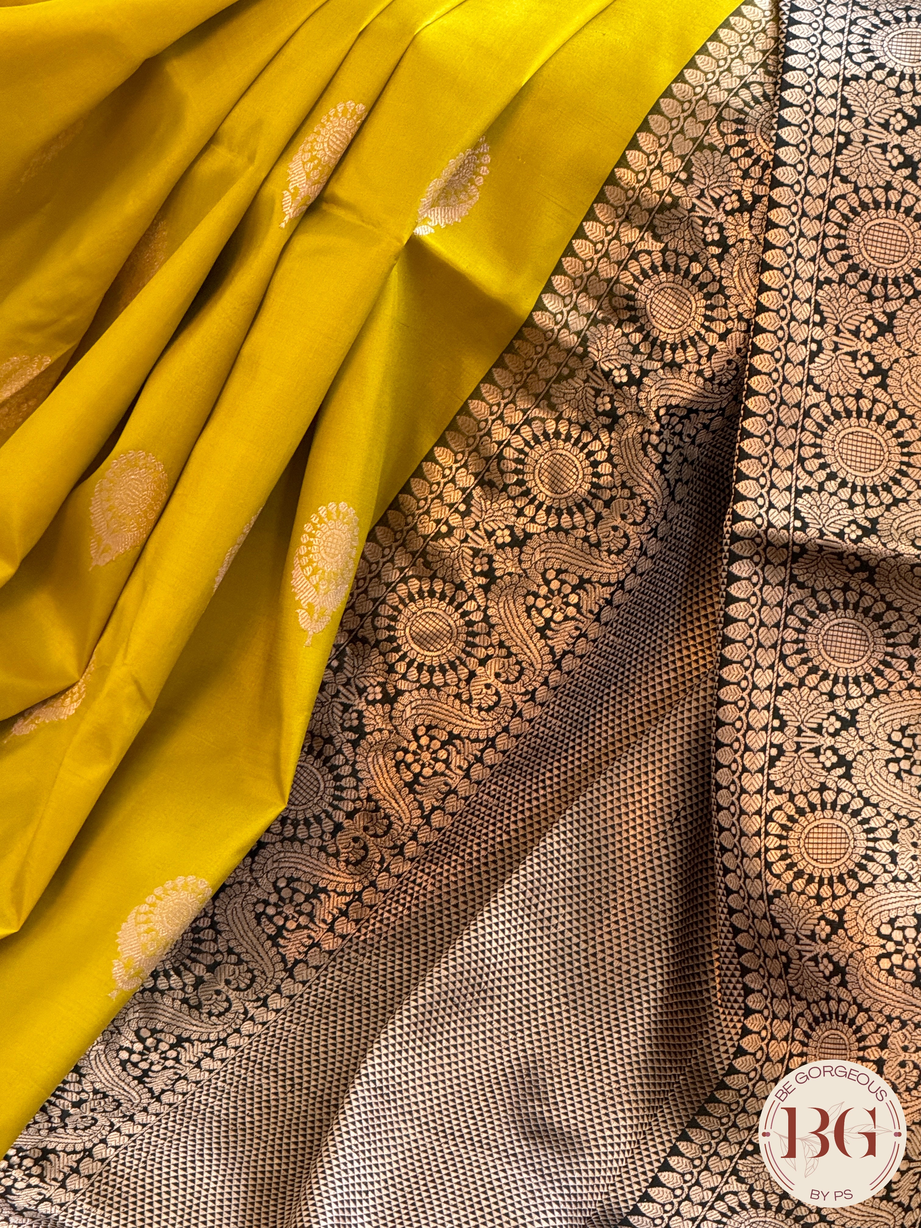 Pure Banarasi Handloom Katan Silk Kadhua Weaved Contrast Border Pallu Saree - Yellow Black
Silkmark certfiied