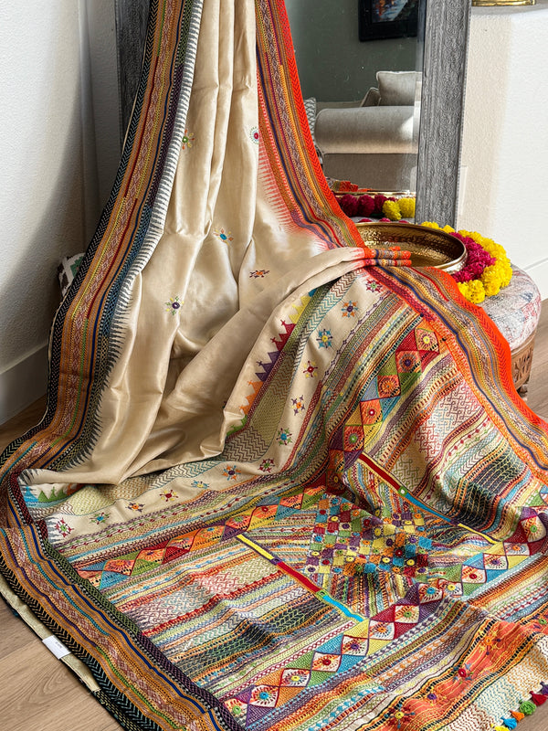 Lambani Hand Embroidered Vidharba Tussar Saree - orange