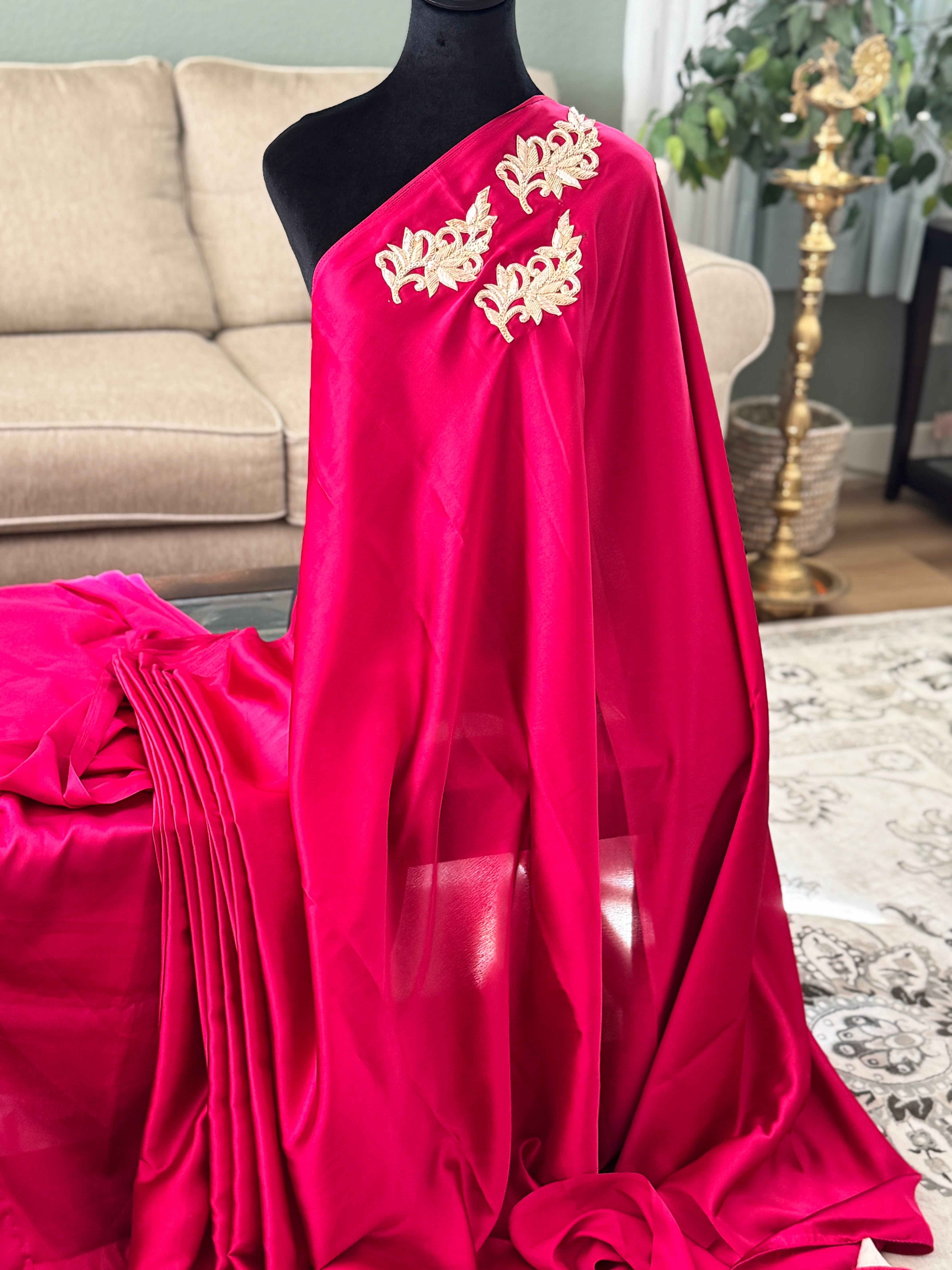Wine satin saree with patch and lace