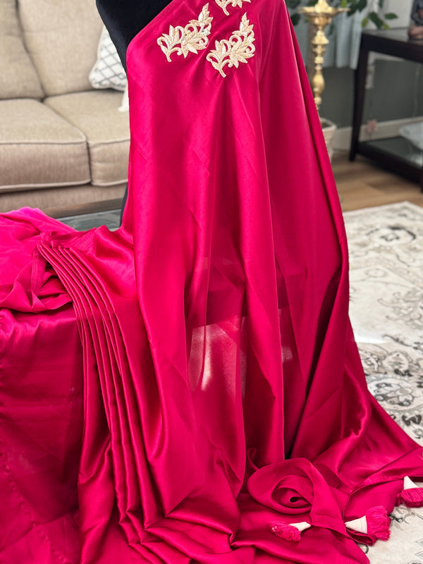 Wine satin saree with patch and lace