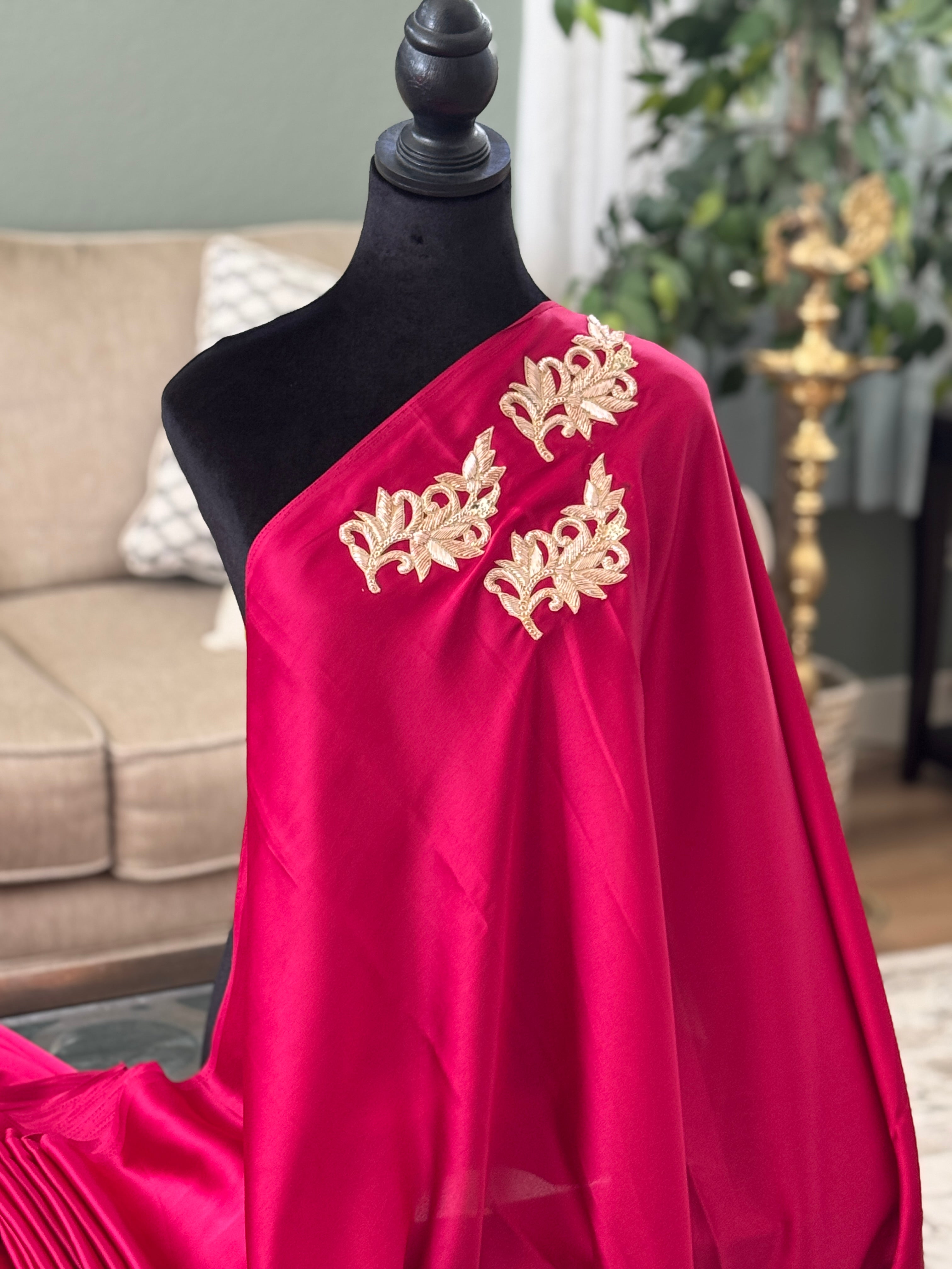 Wine satin saree with patch and lace