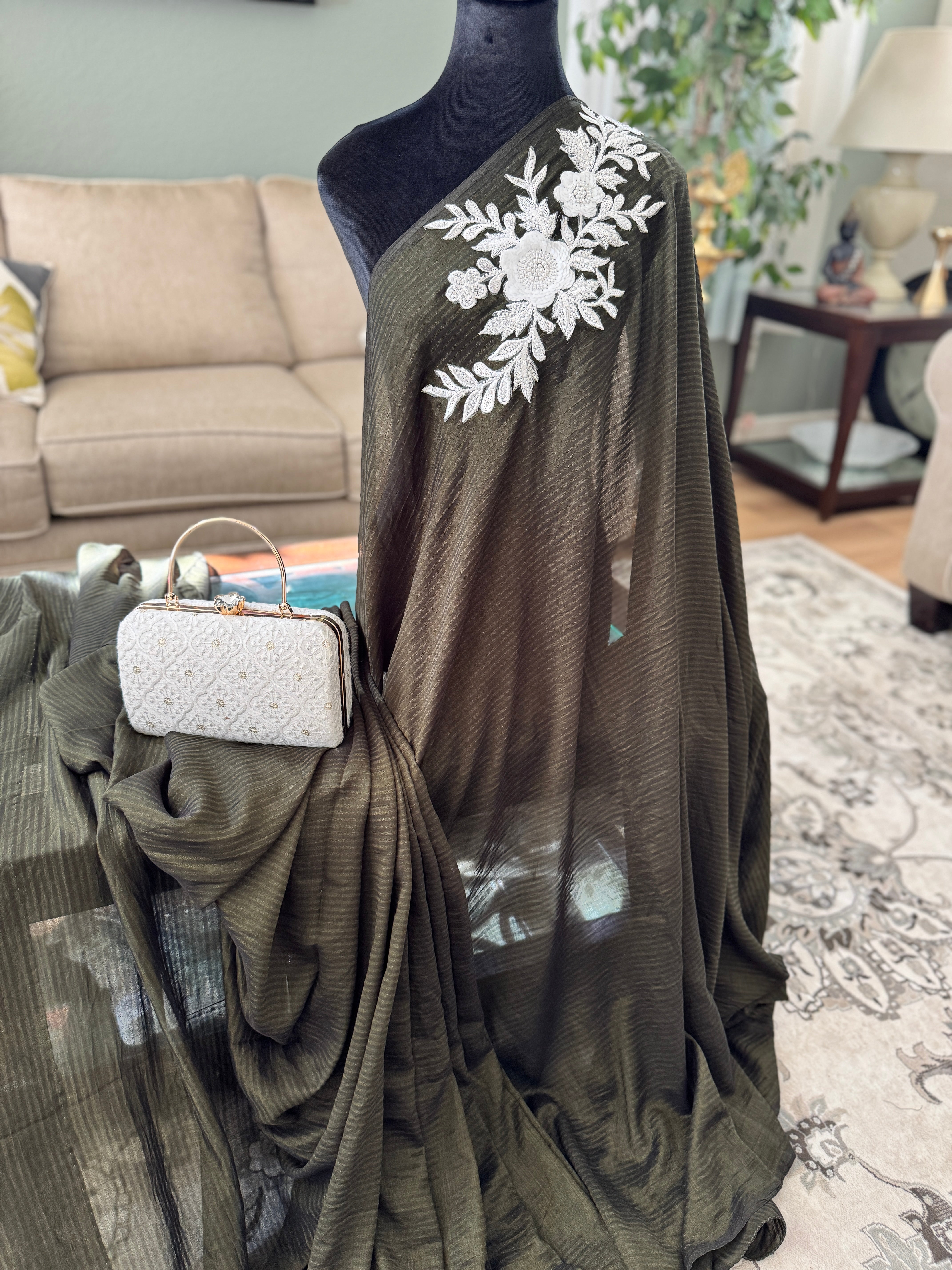 Black saree with white patch